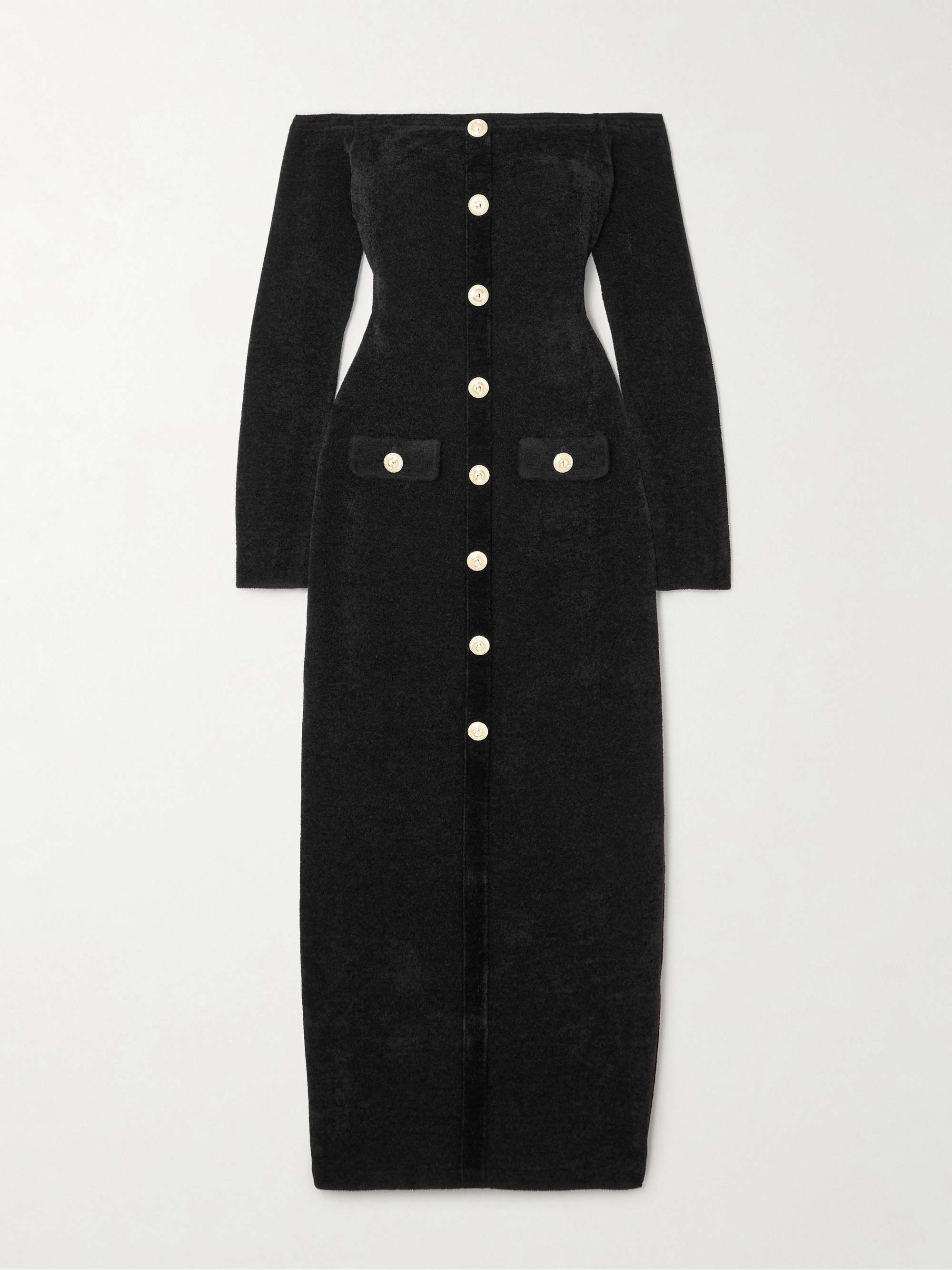 Off-the-shoulder button-embellished chenille midi dress view