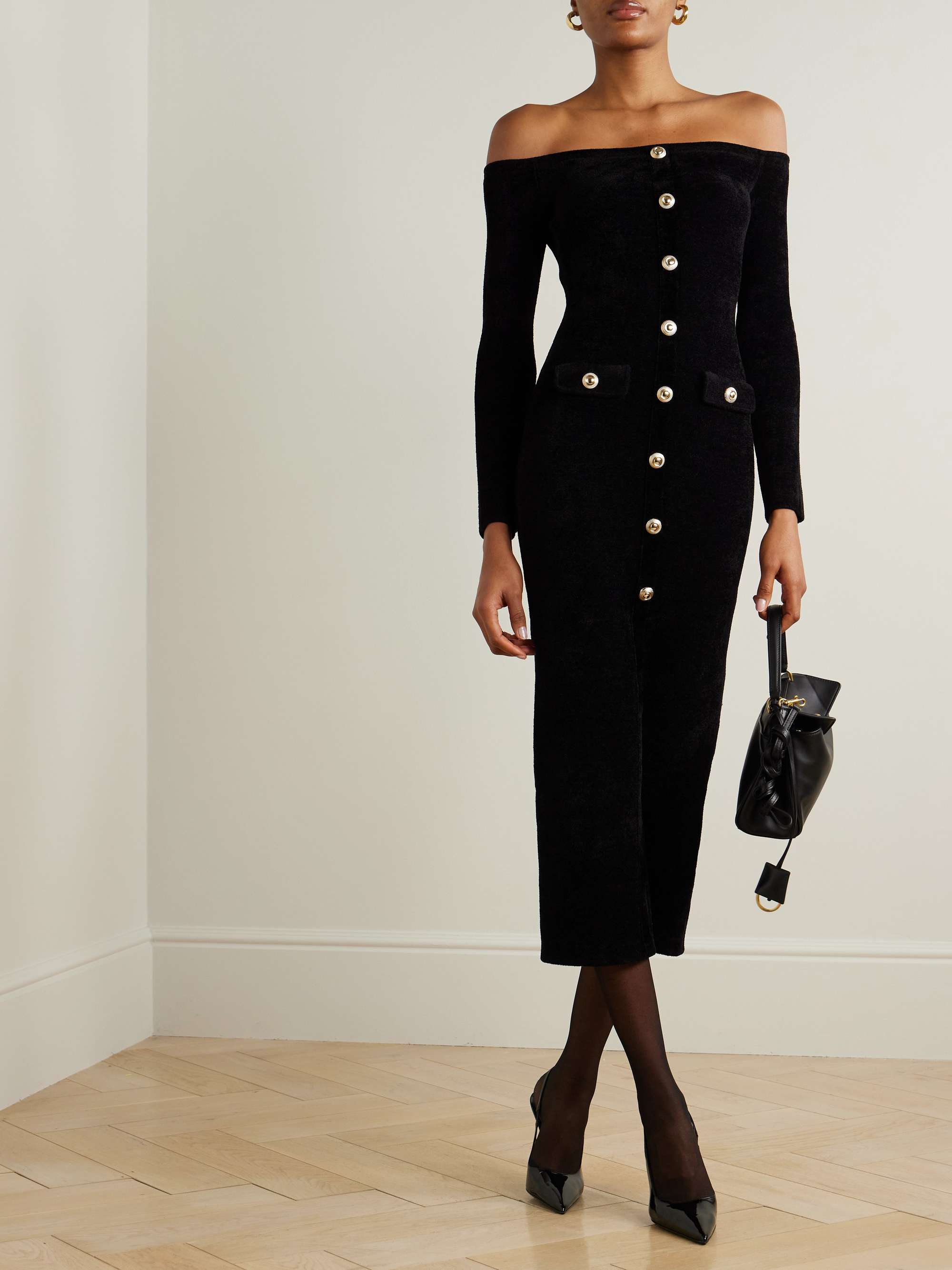 Off-the-shoulder button-embellished chenille midi dress view