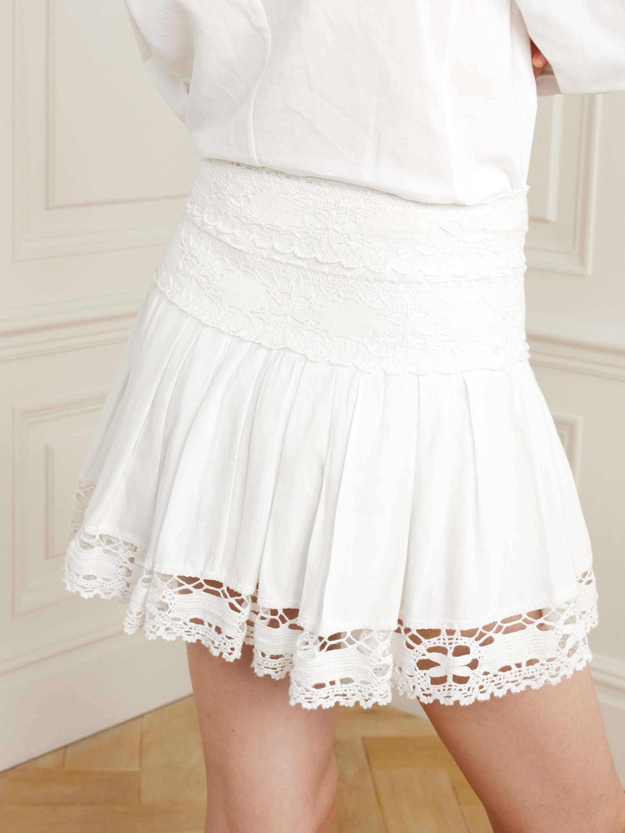 Violana pleated lace-trimmed linen and cotton-blend mini skirt view
