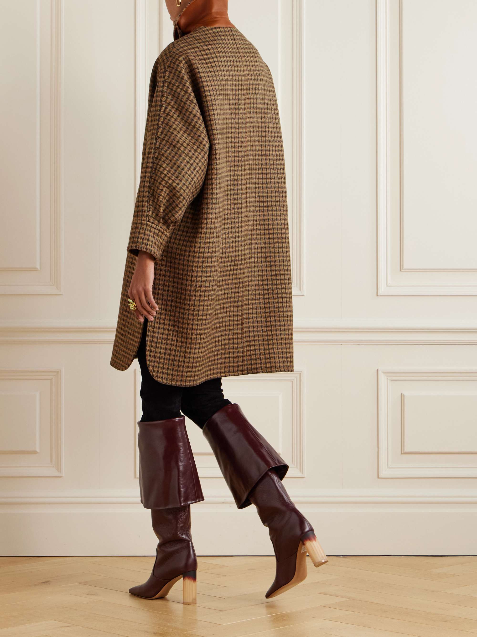 Oversized leather-trimmed checked wool coat view