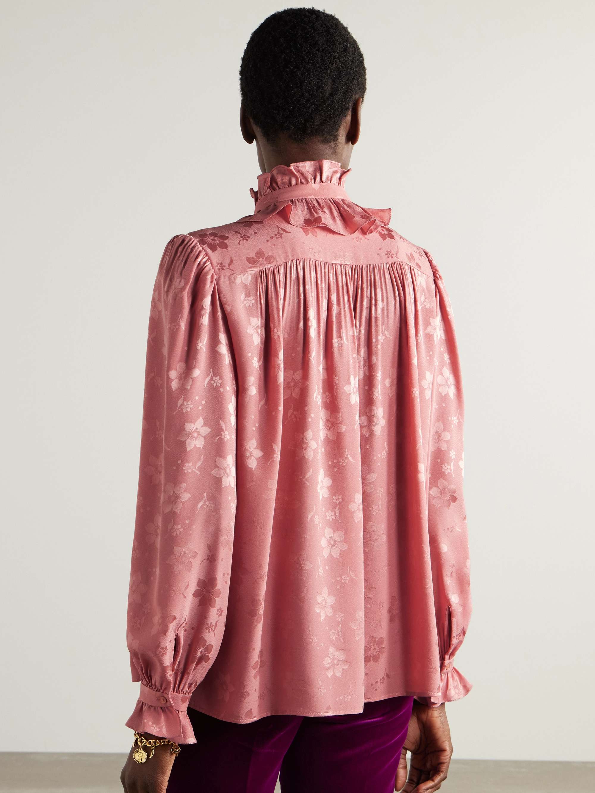 Tie-neck ruffled silk-jacquard blouse view