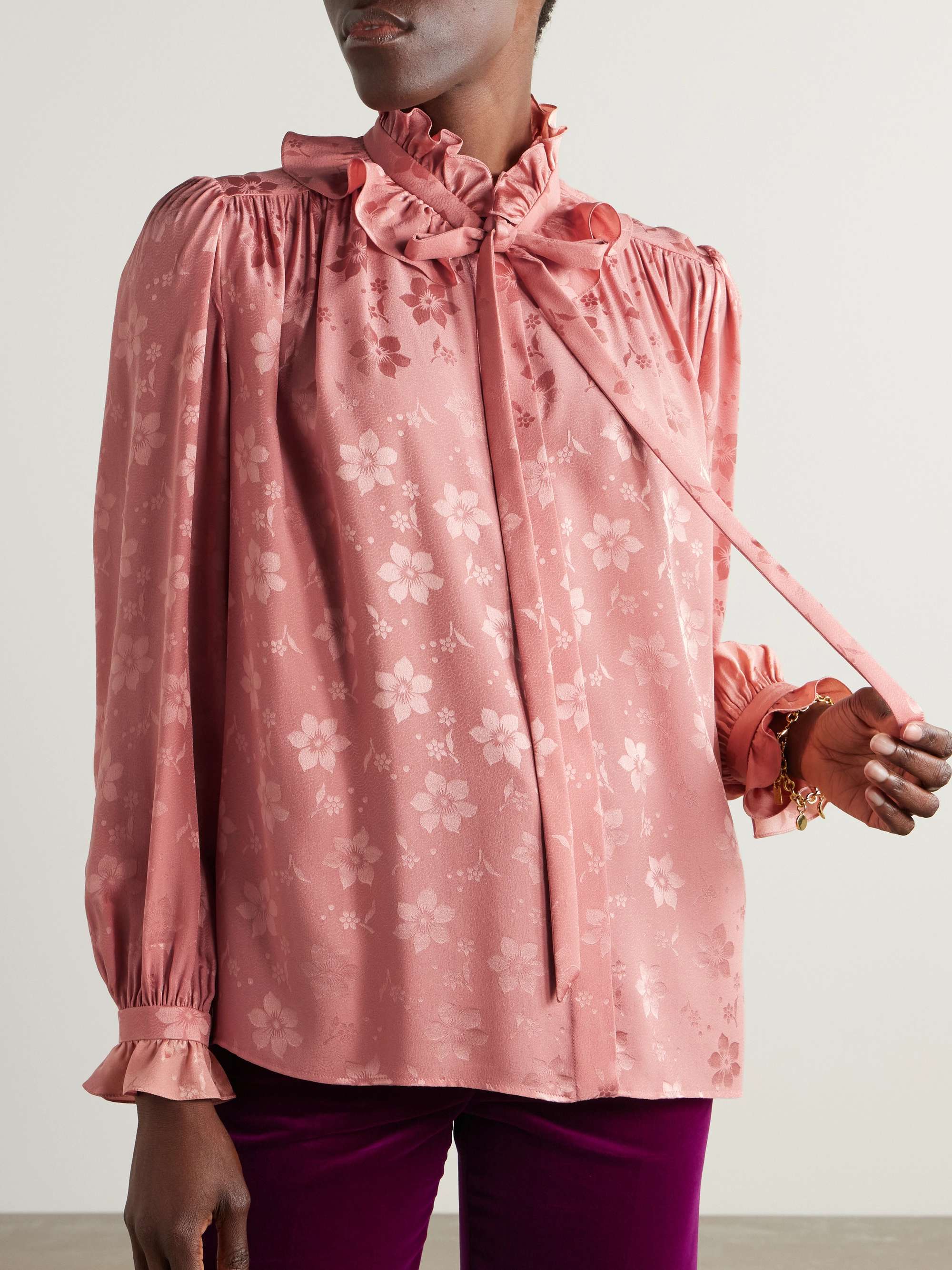 Tie-neck ruffled silk-jacquard blouse view