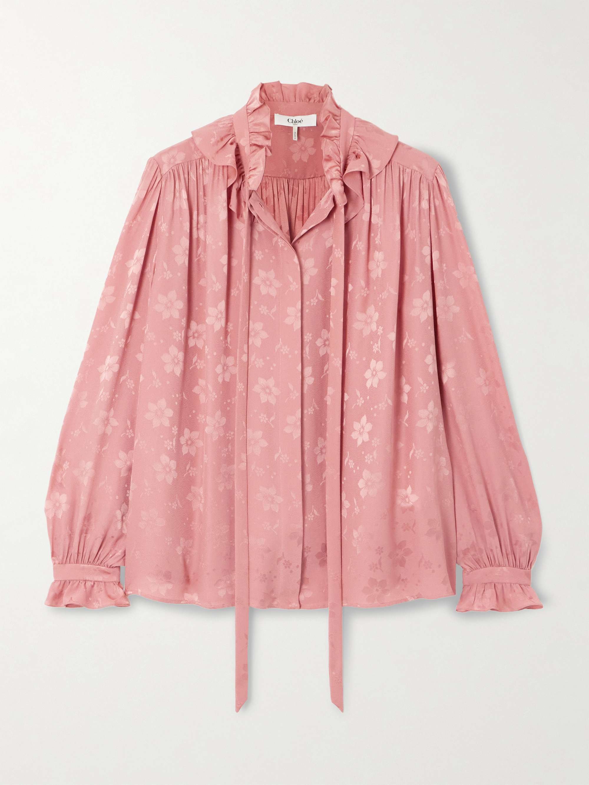 Tie-neck ruffled silk-jacquard blouse view