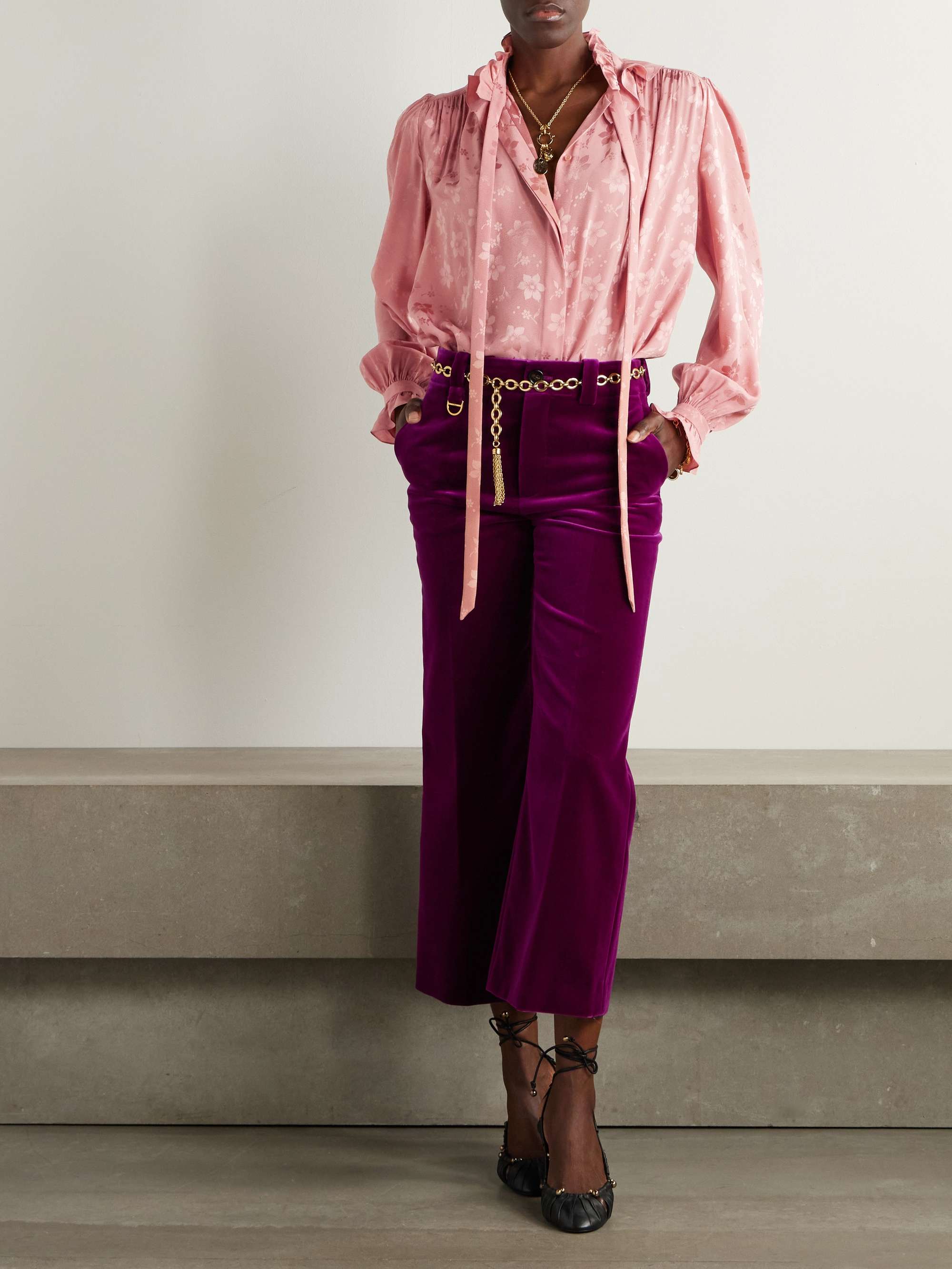 Tie-neck ruffled silk-jacquard blouse view
