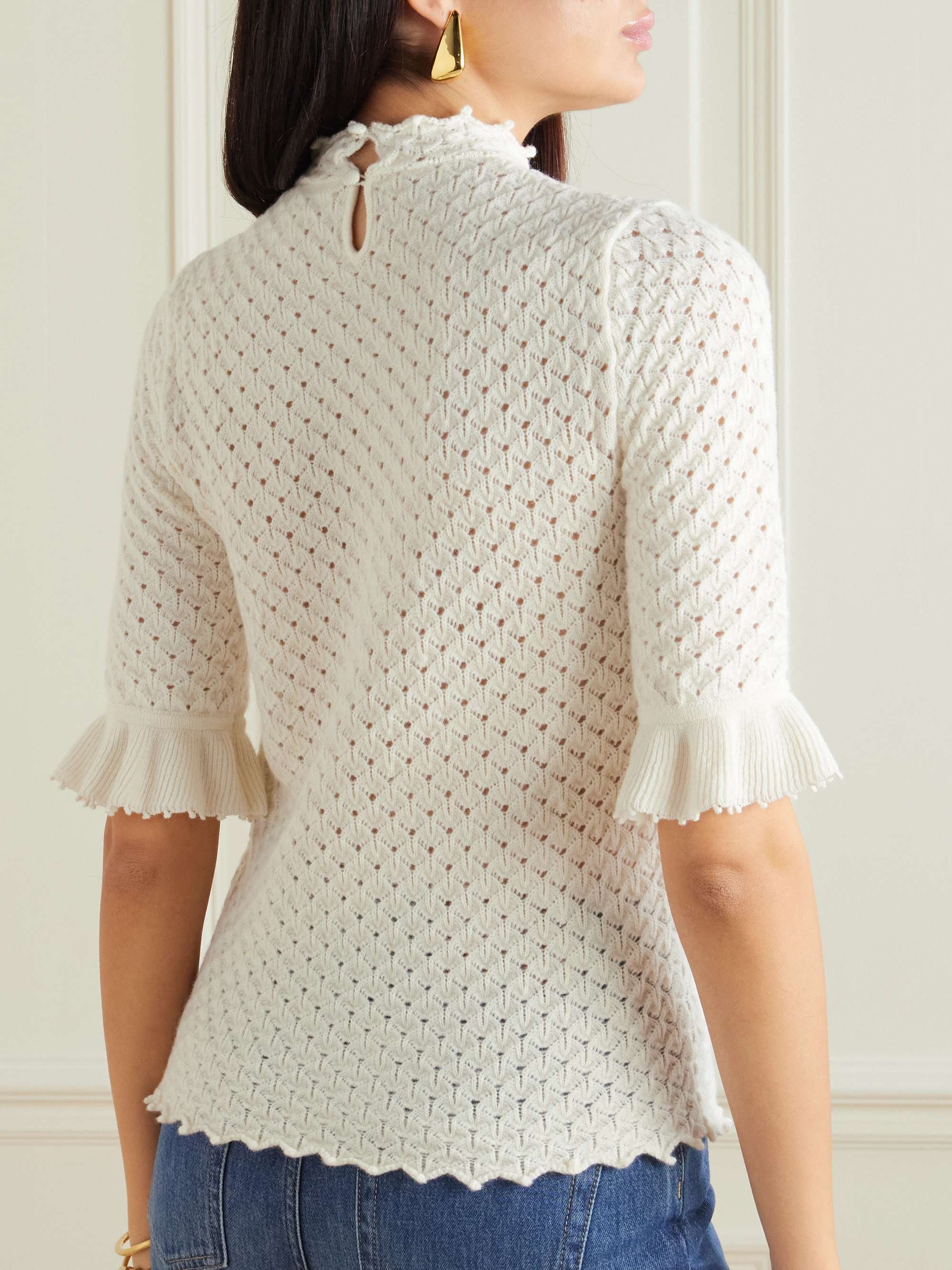 Scalloped ruffled pointelle-knit wool and cashmere-blend top view