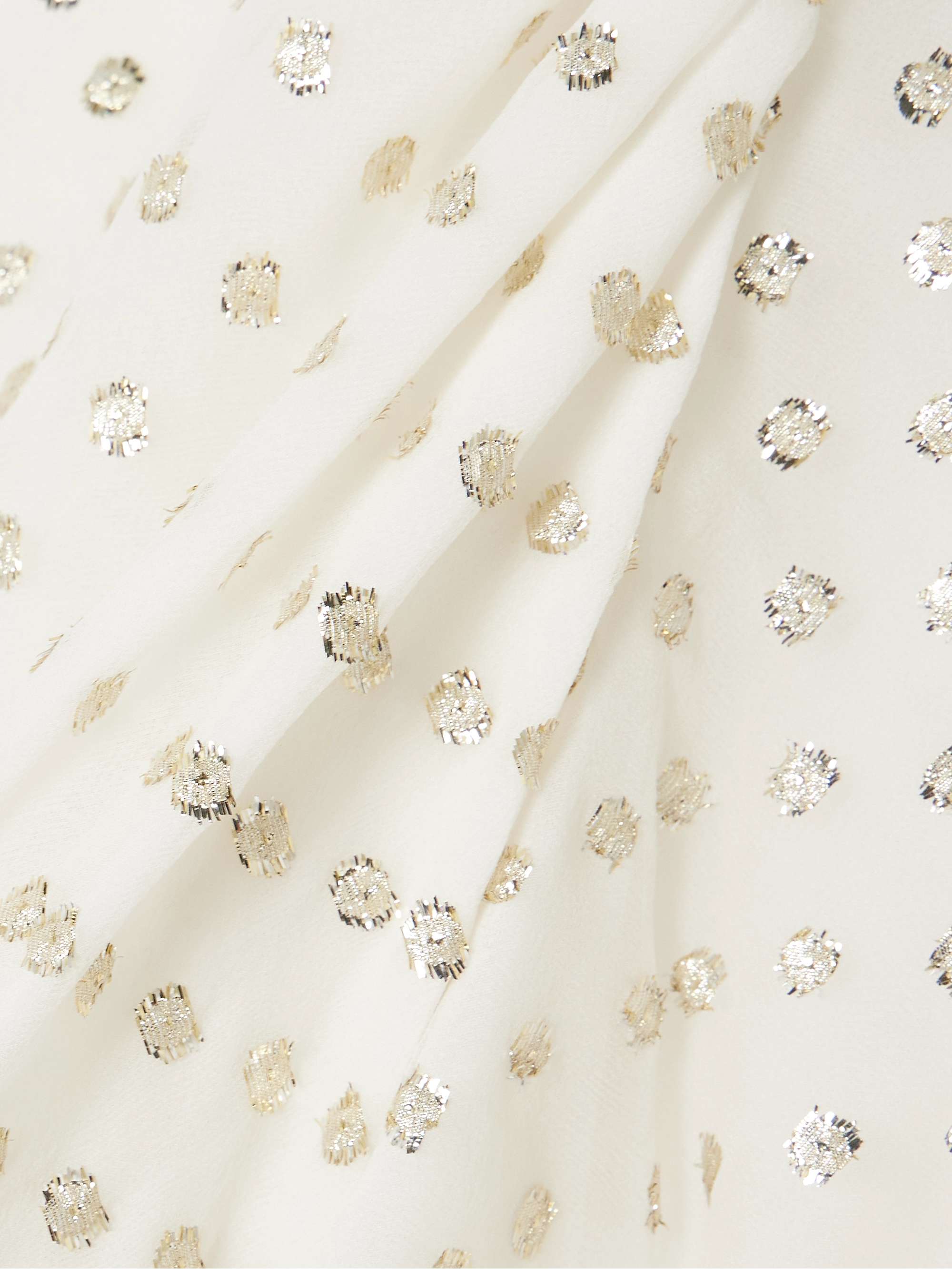 Cropped ruffled gathered metallic polka-dot silk-blend top view