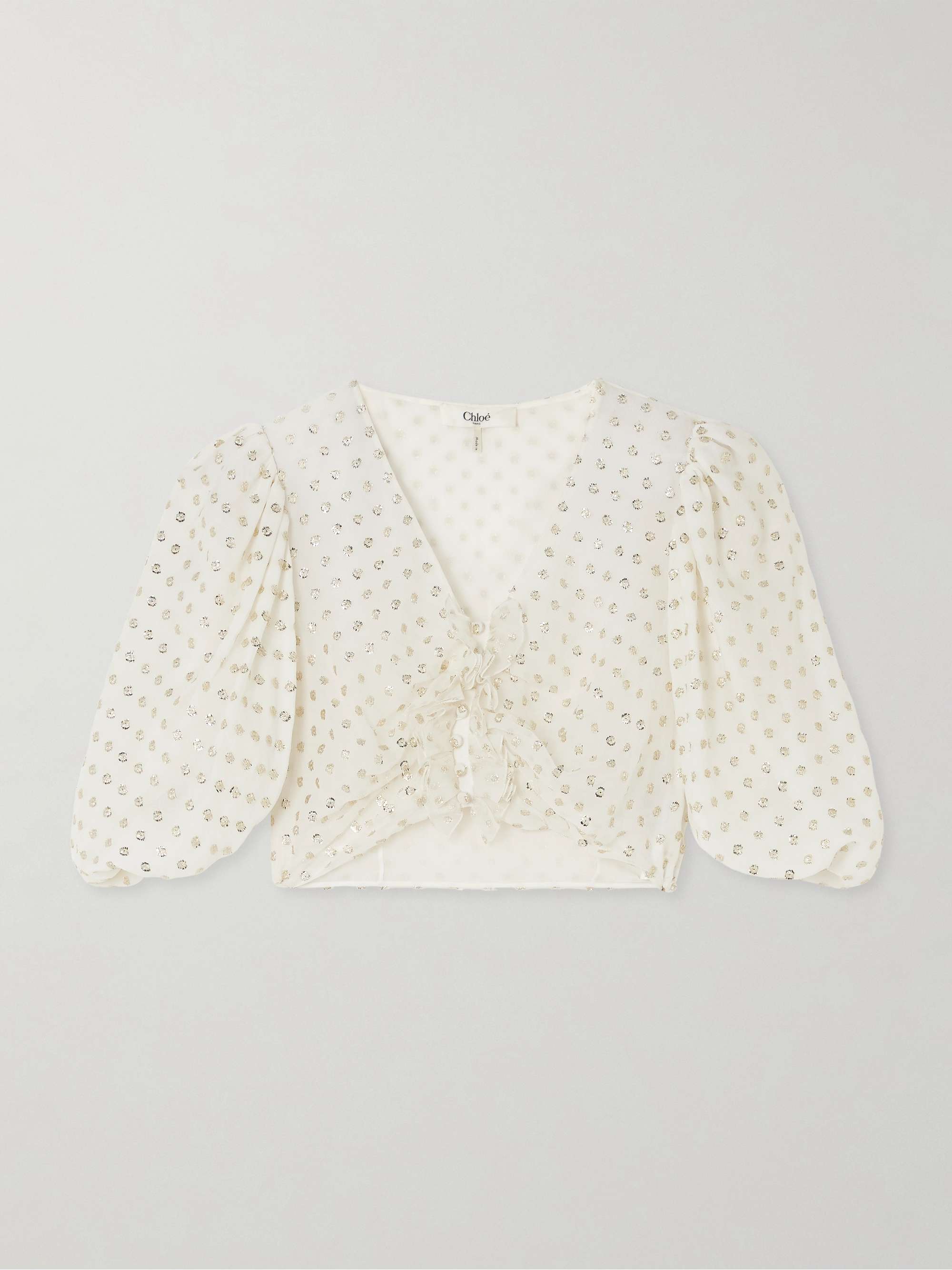 Cropped ruffled gathered metallic polka-dot silk-blend top view