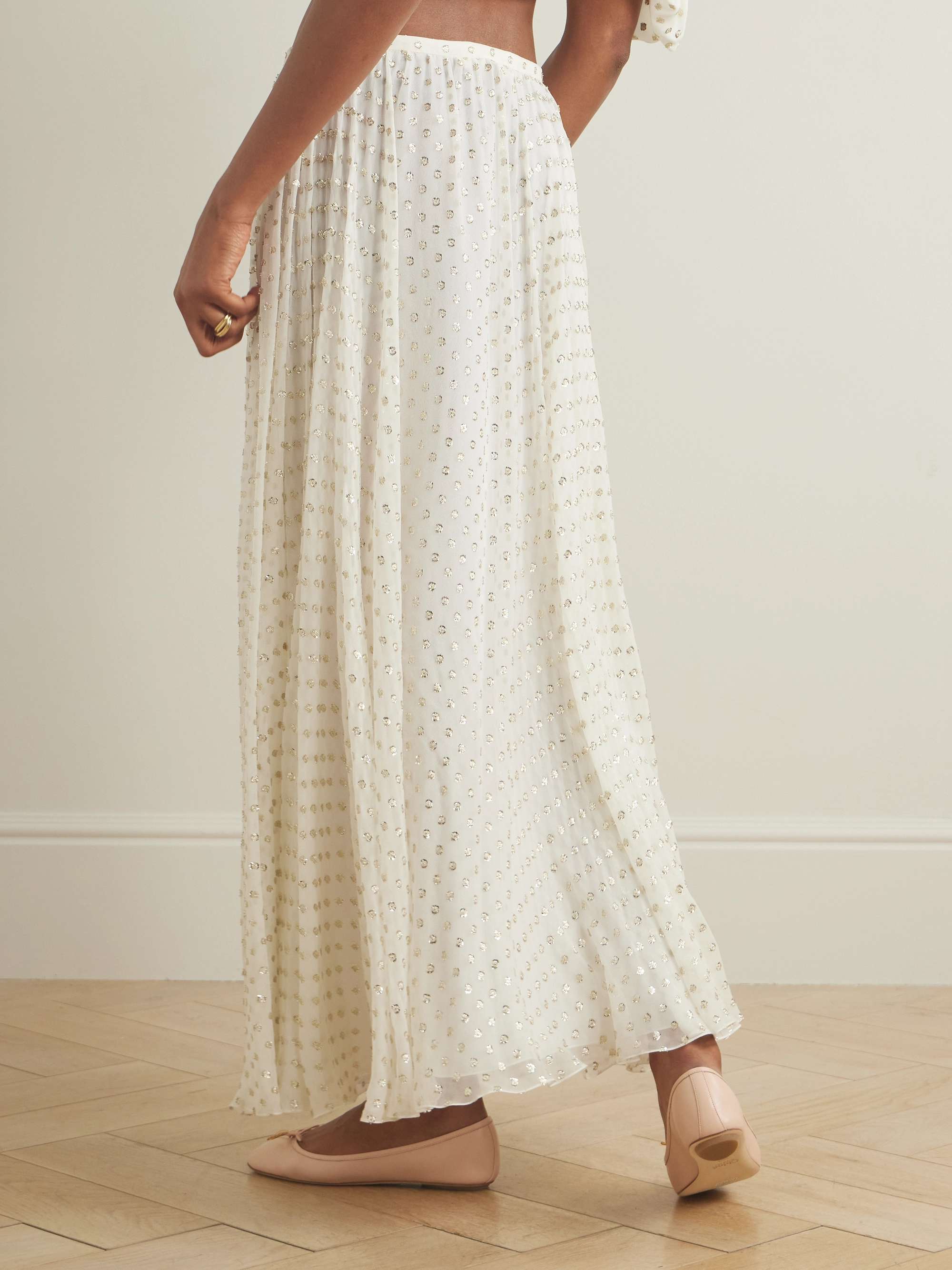 Gathered metallic polka-dot silk-blend maxi skirt view