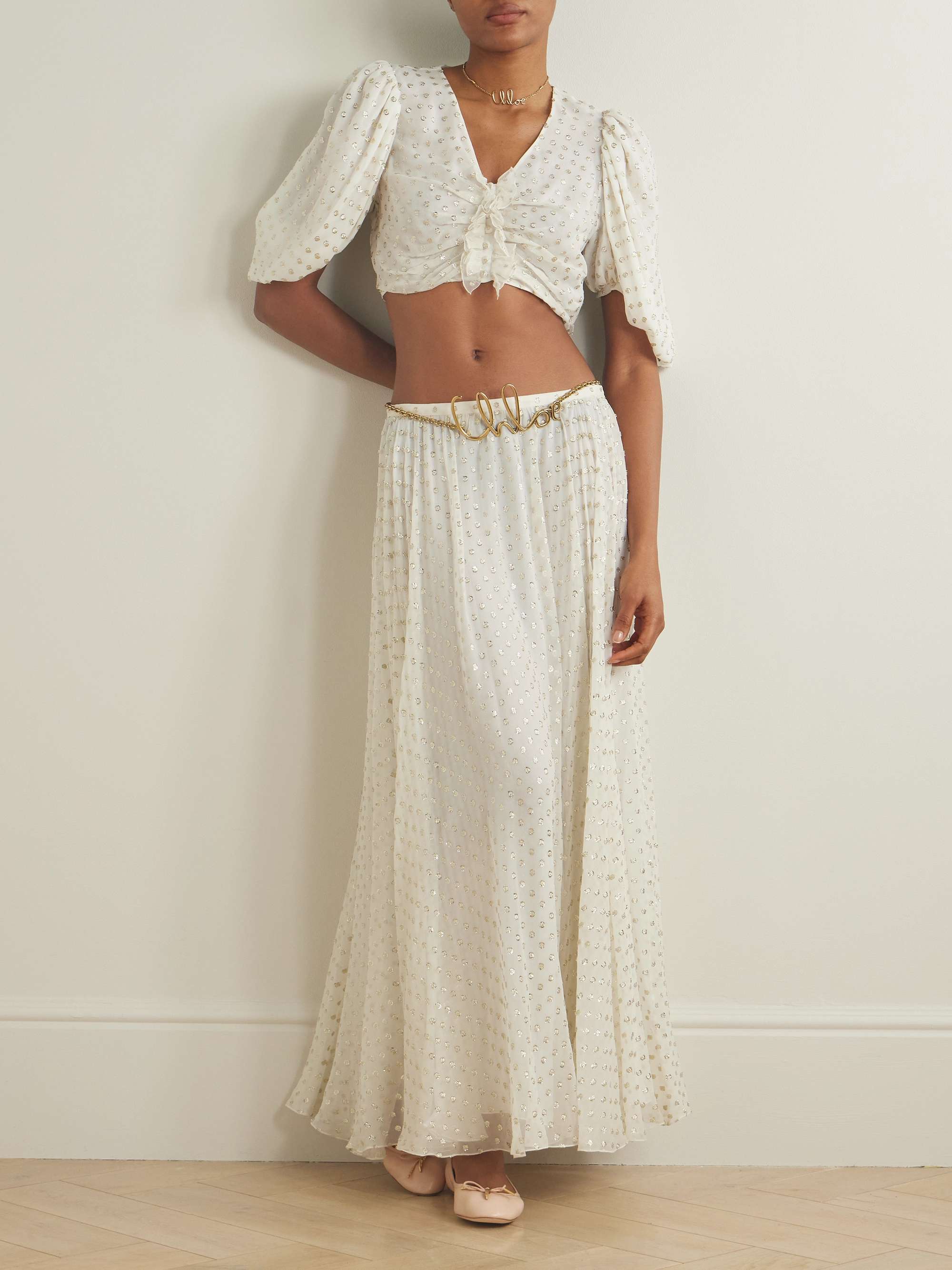 Gathered metallic polka-dot silk-blend maxi skirt view