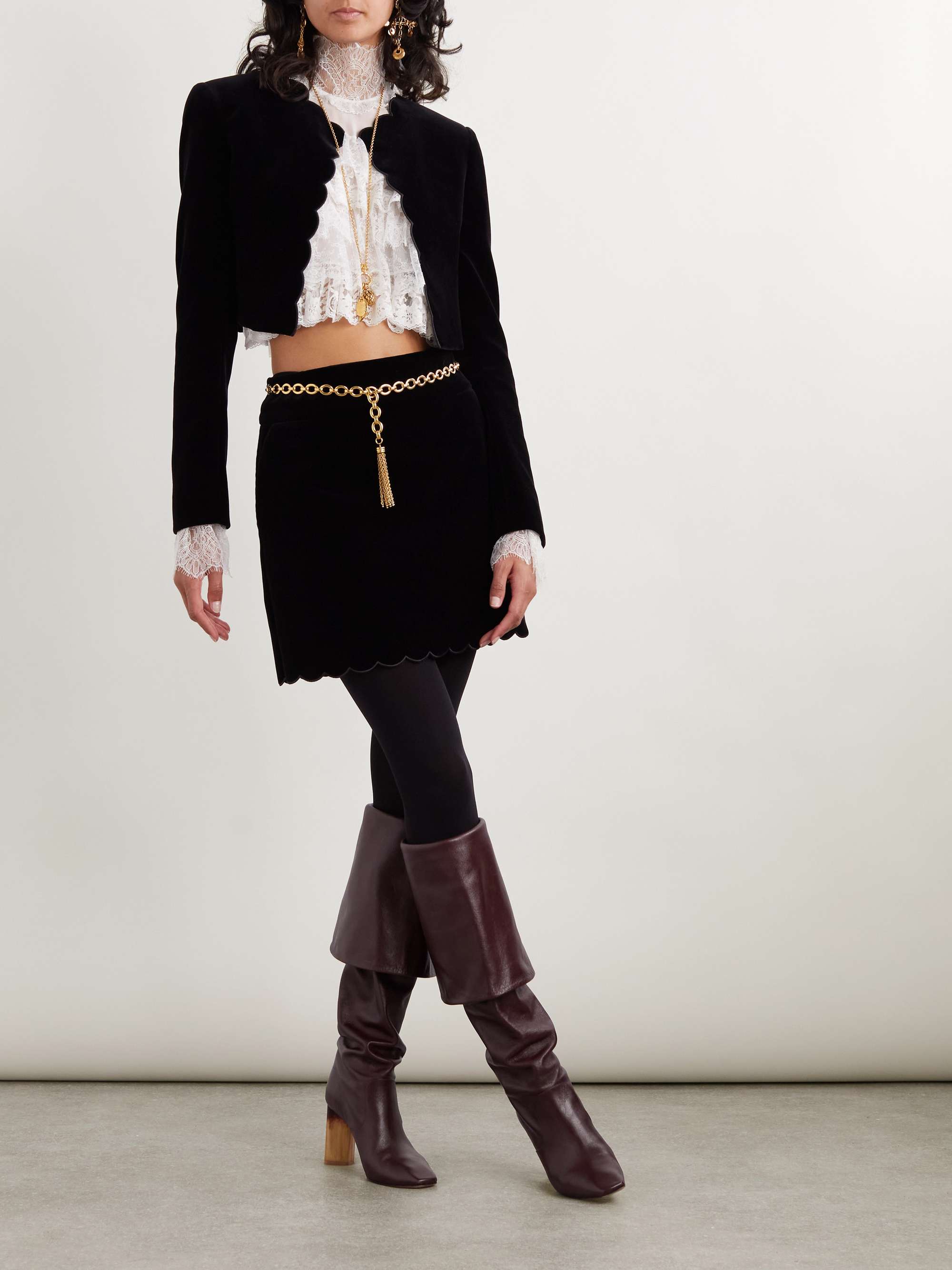 Cropped scalloped silk-velour jacket view