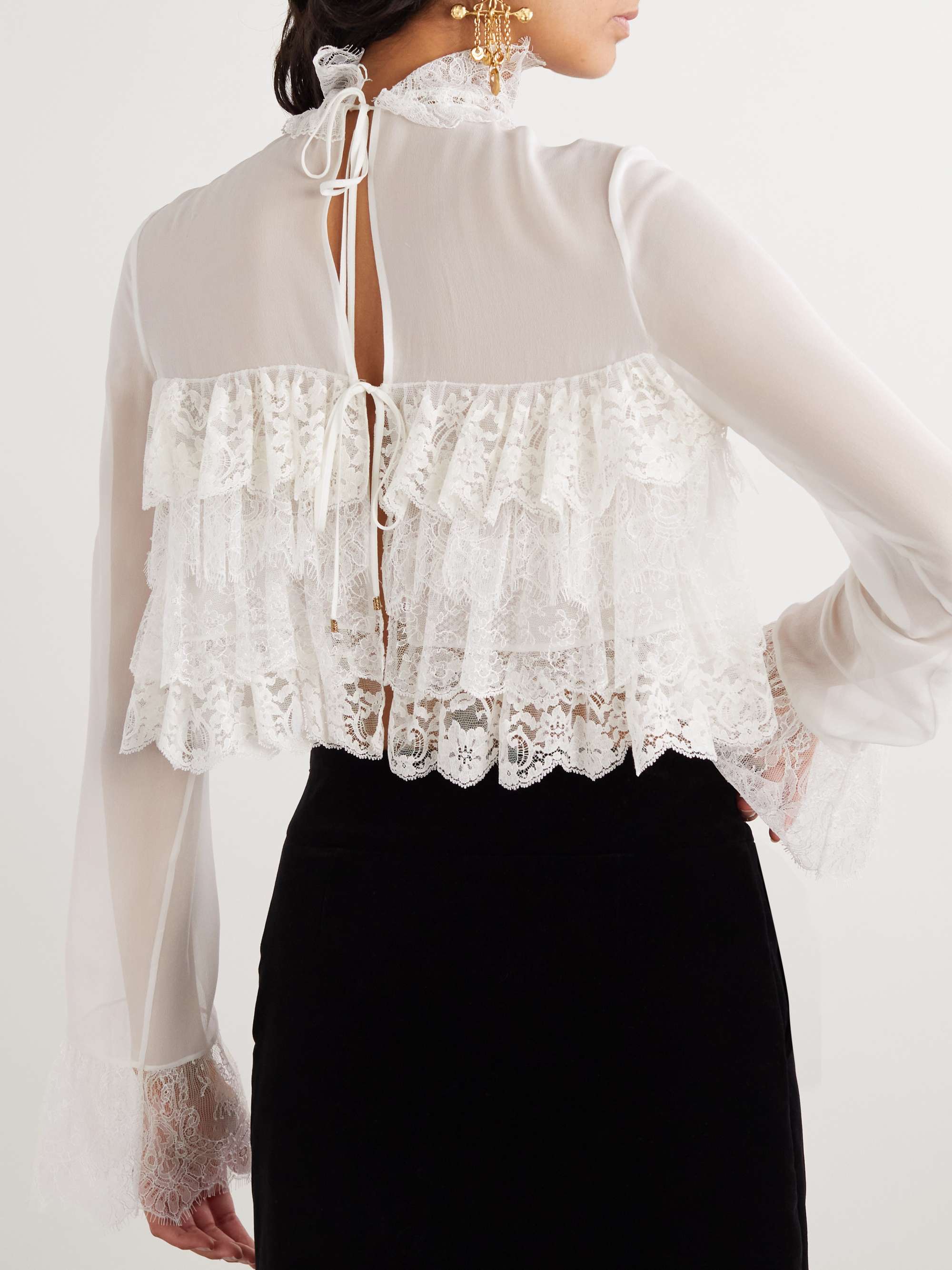 Tiered lace-trimmed silk-chiffon blouse view