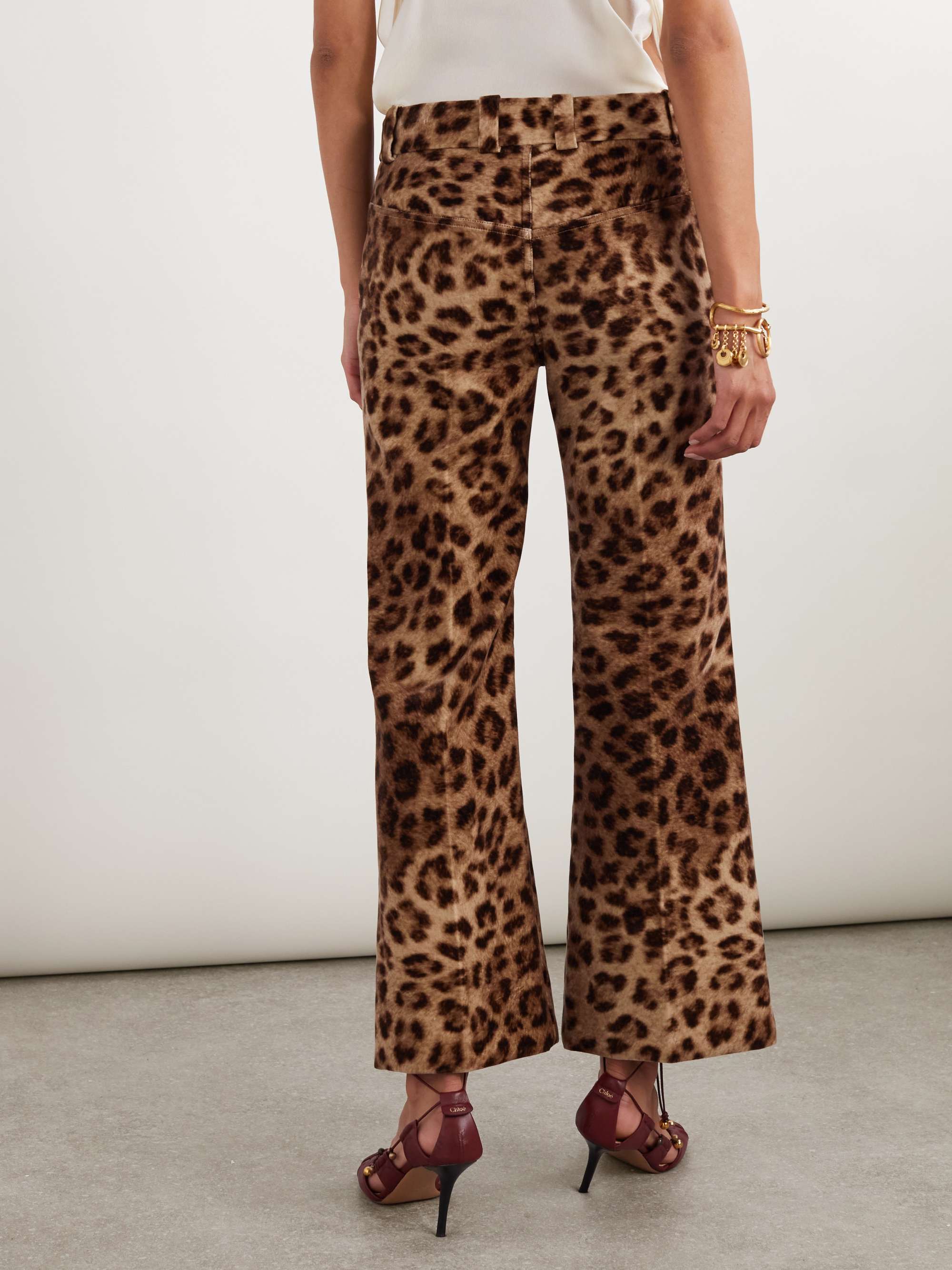Cropped leopard-print cotton-velvet straight-leg pants view