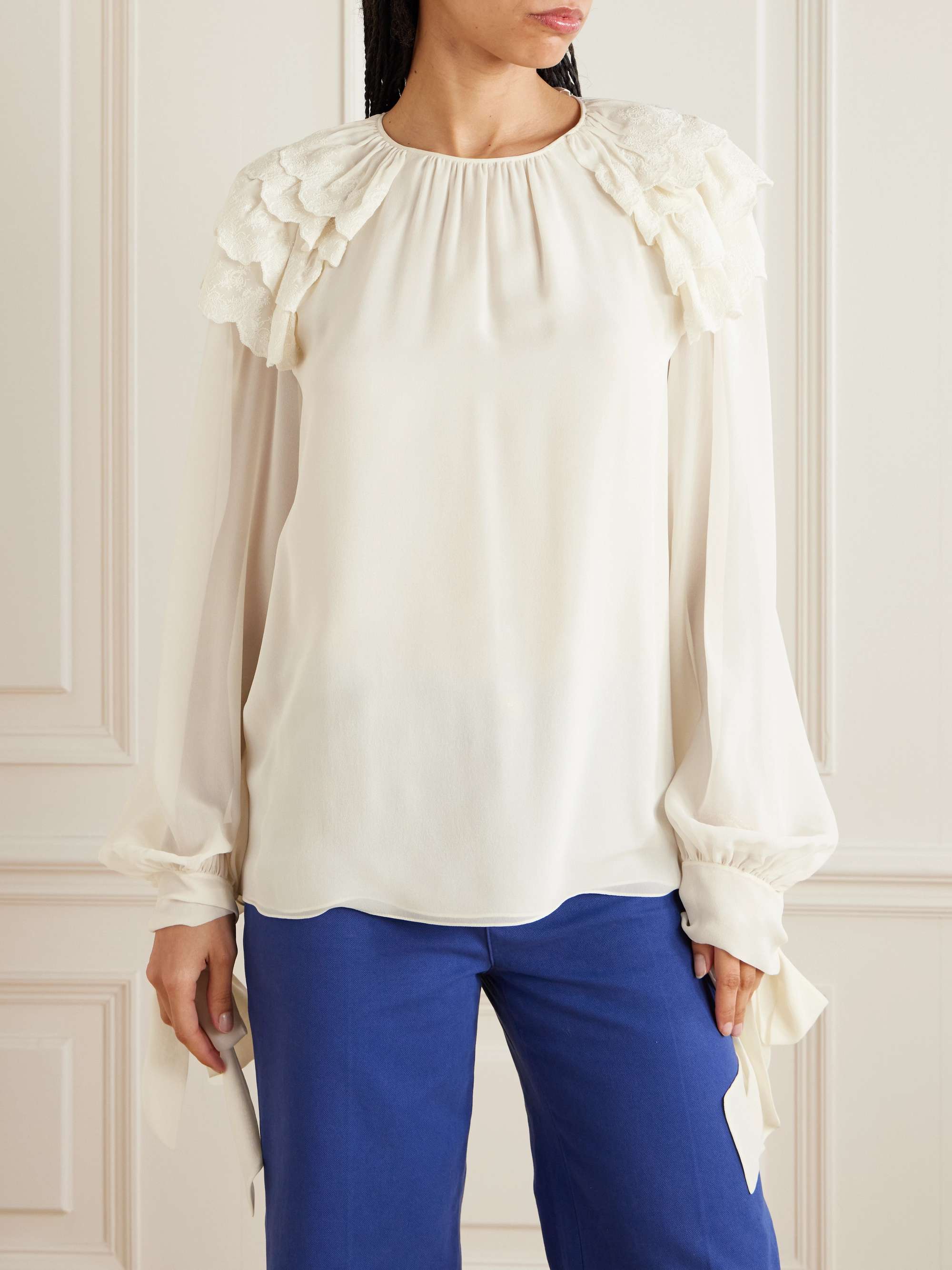 Ruffled broderie anglaise-trimmed silk-georgette blouse view