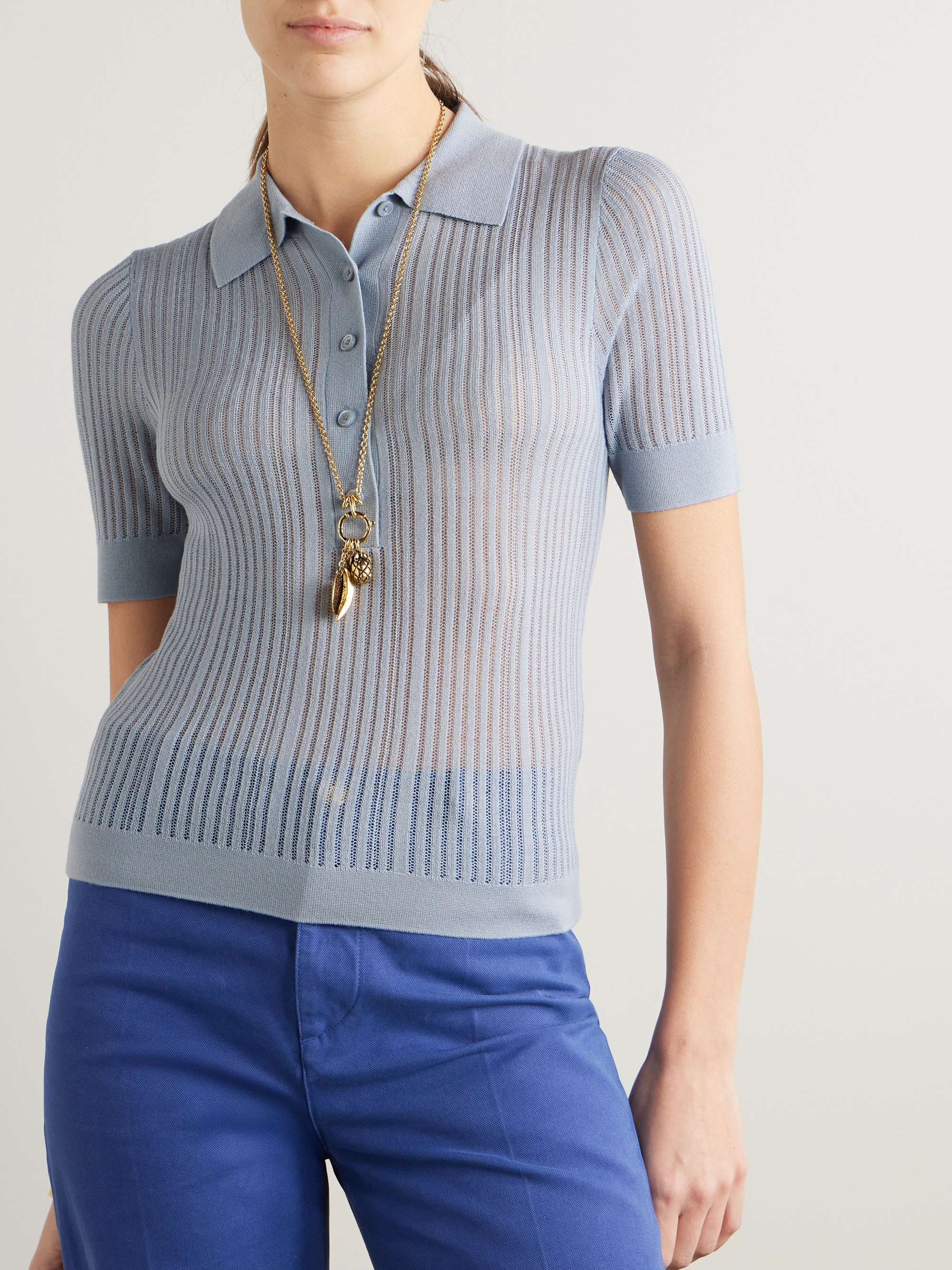Ribbed open-knit wool polo shirt view
