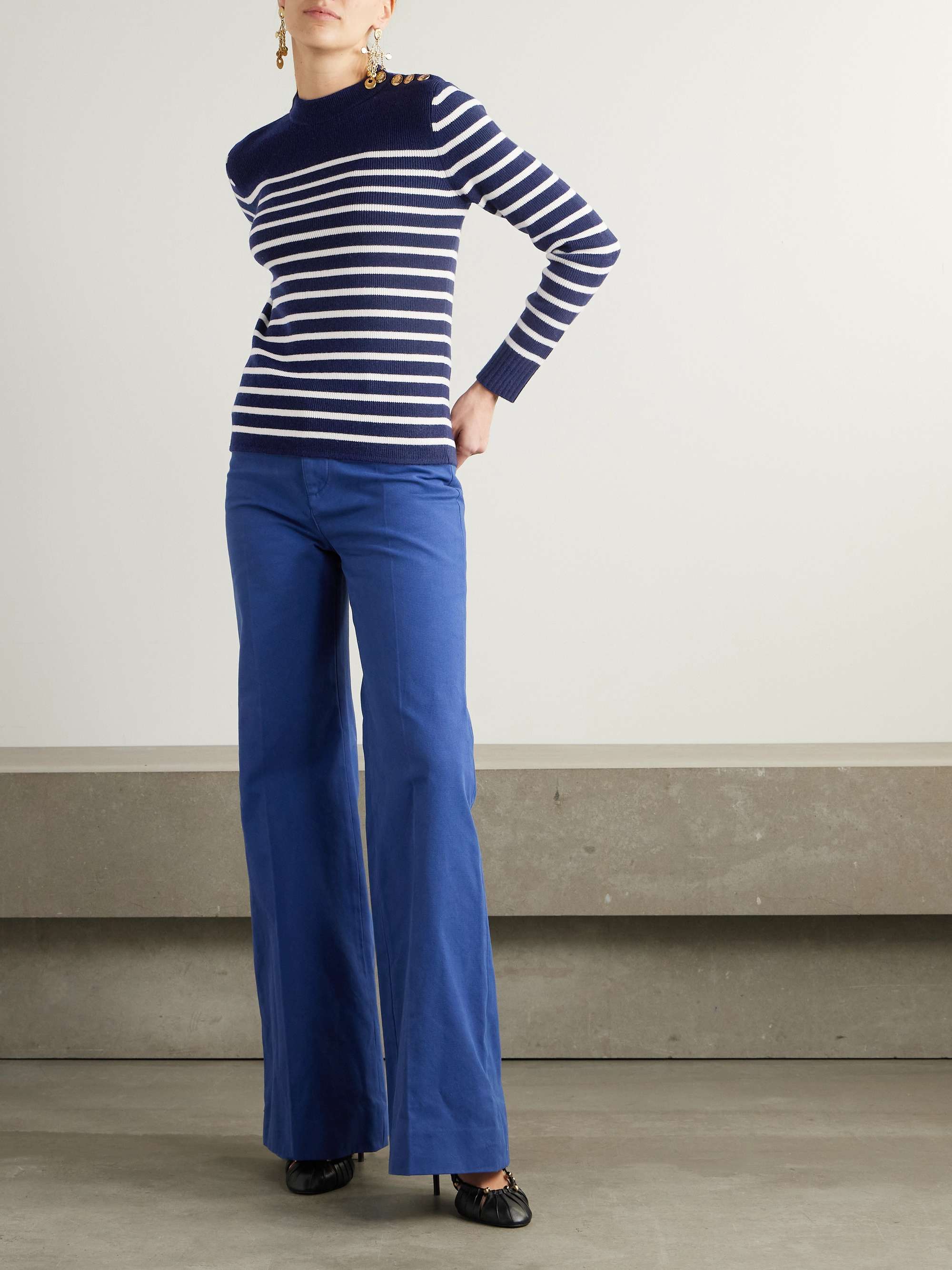 Button-embellished striped wool and cashmere-blend sweater view