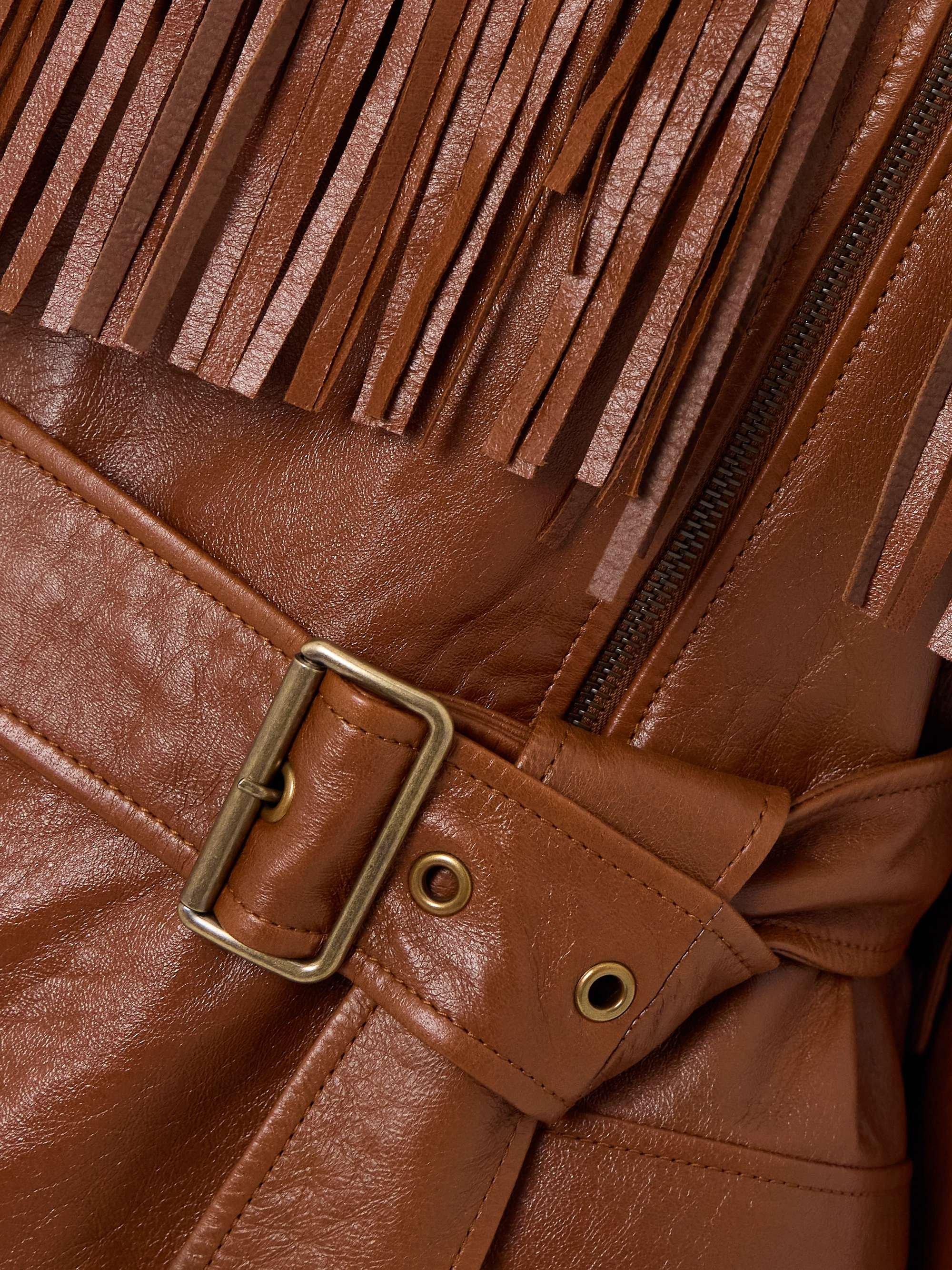 Belted fringed leather jacket view