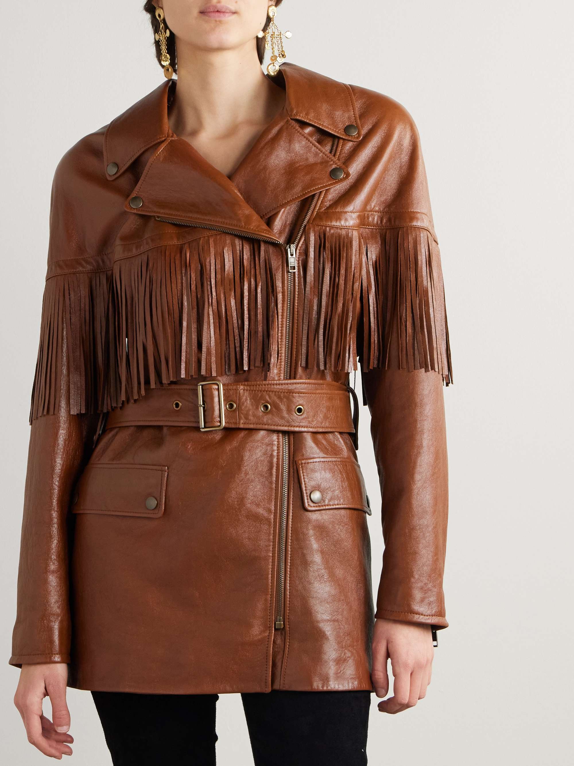 Belted fringed leather jacket view