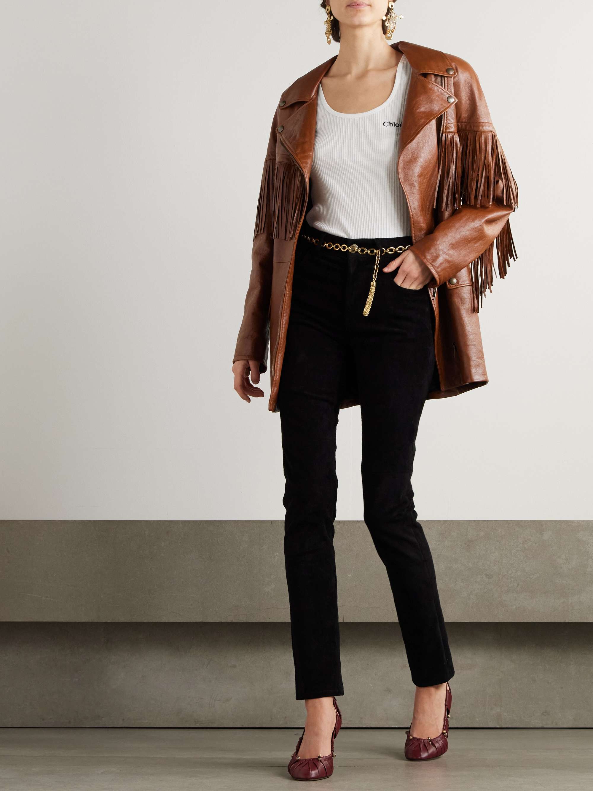 Belted fringed leather jacket view