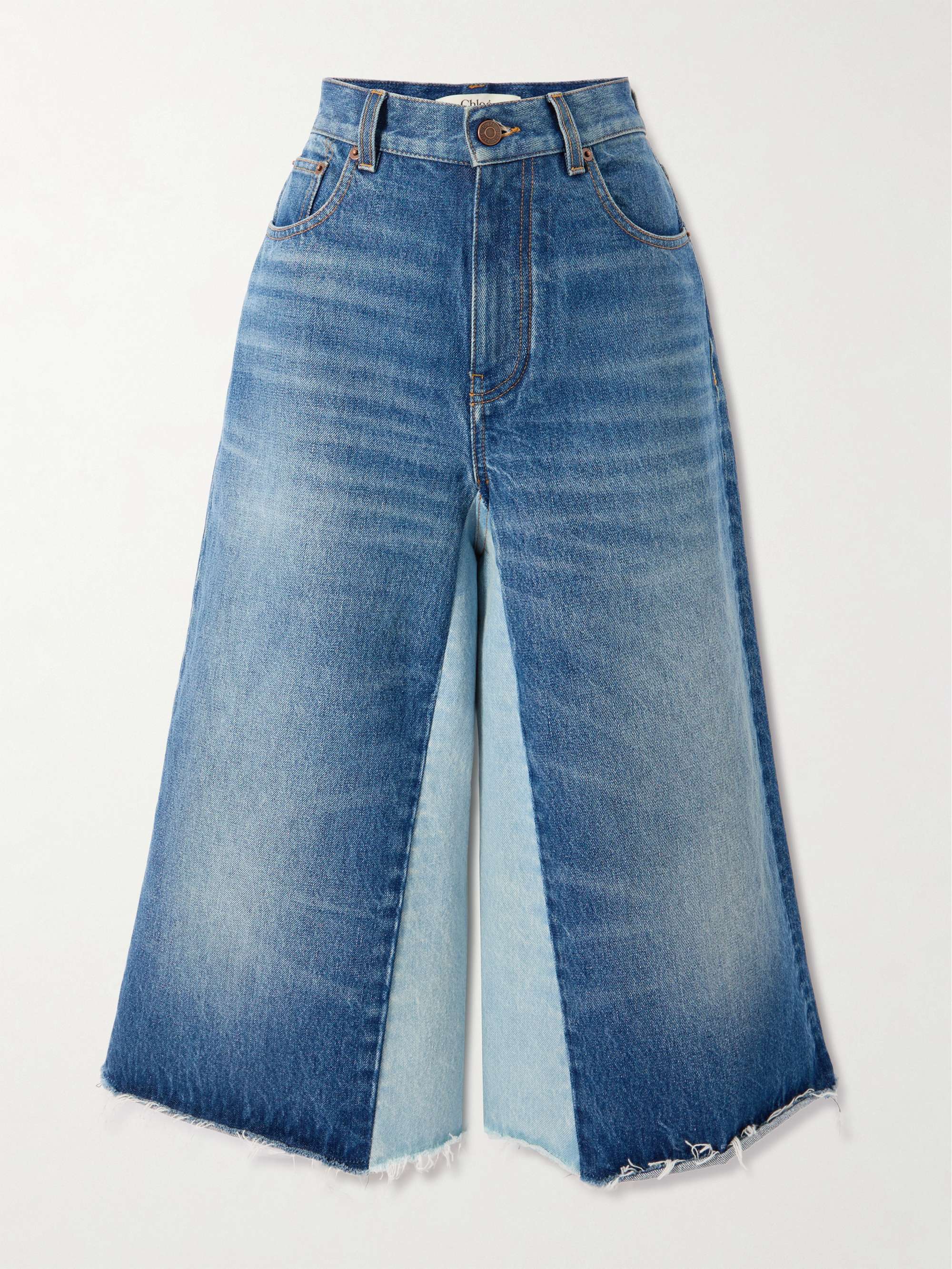Frayed patchwork denim wide-leg culottes view