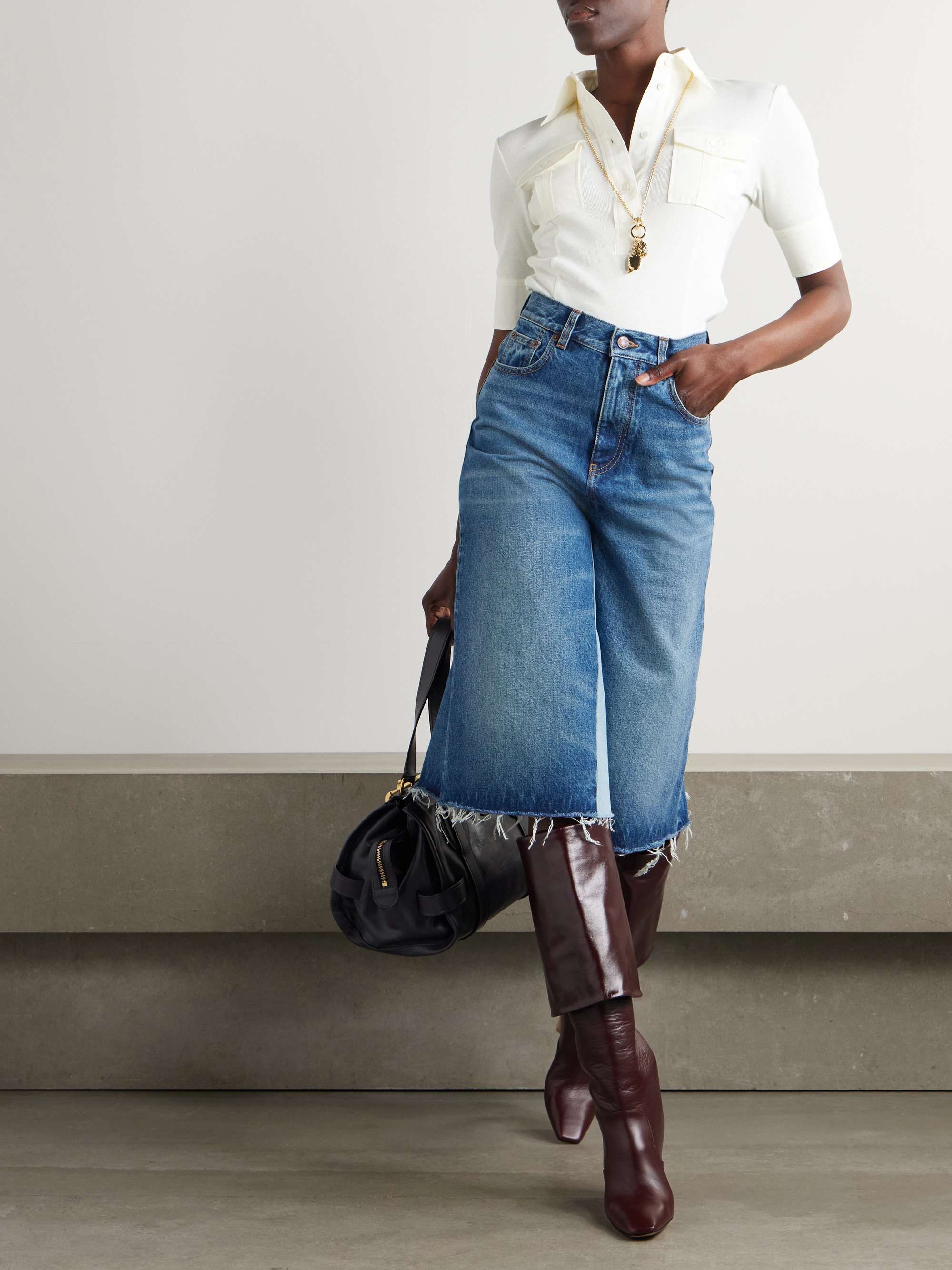 Frayed patchwork denim wide-leg culottes view