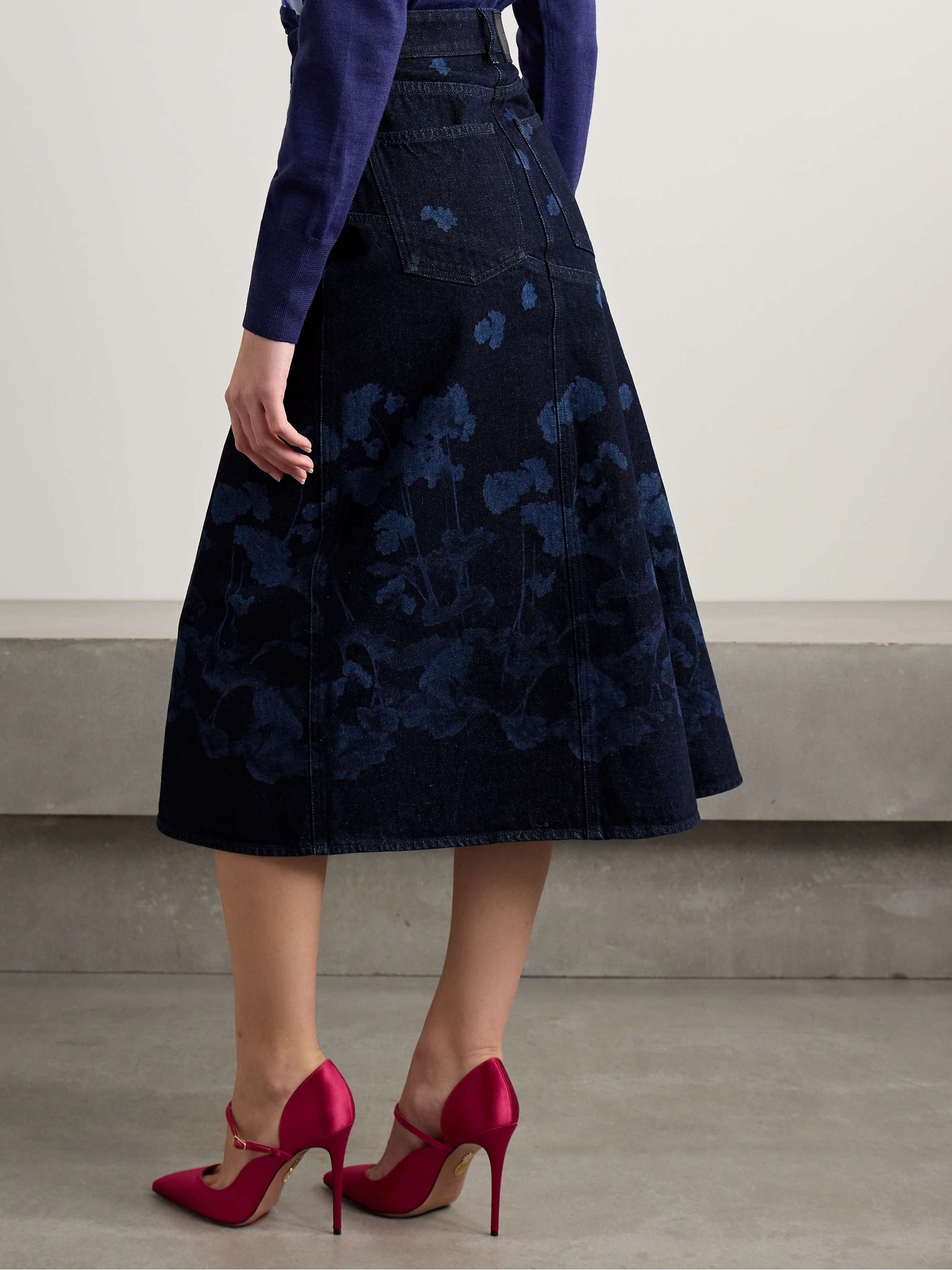 Paneled floral-print denim midi skirt view