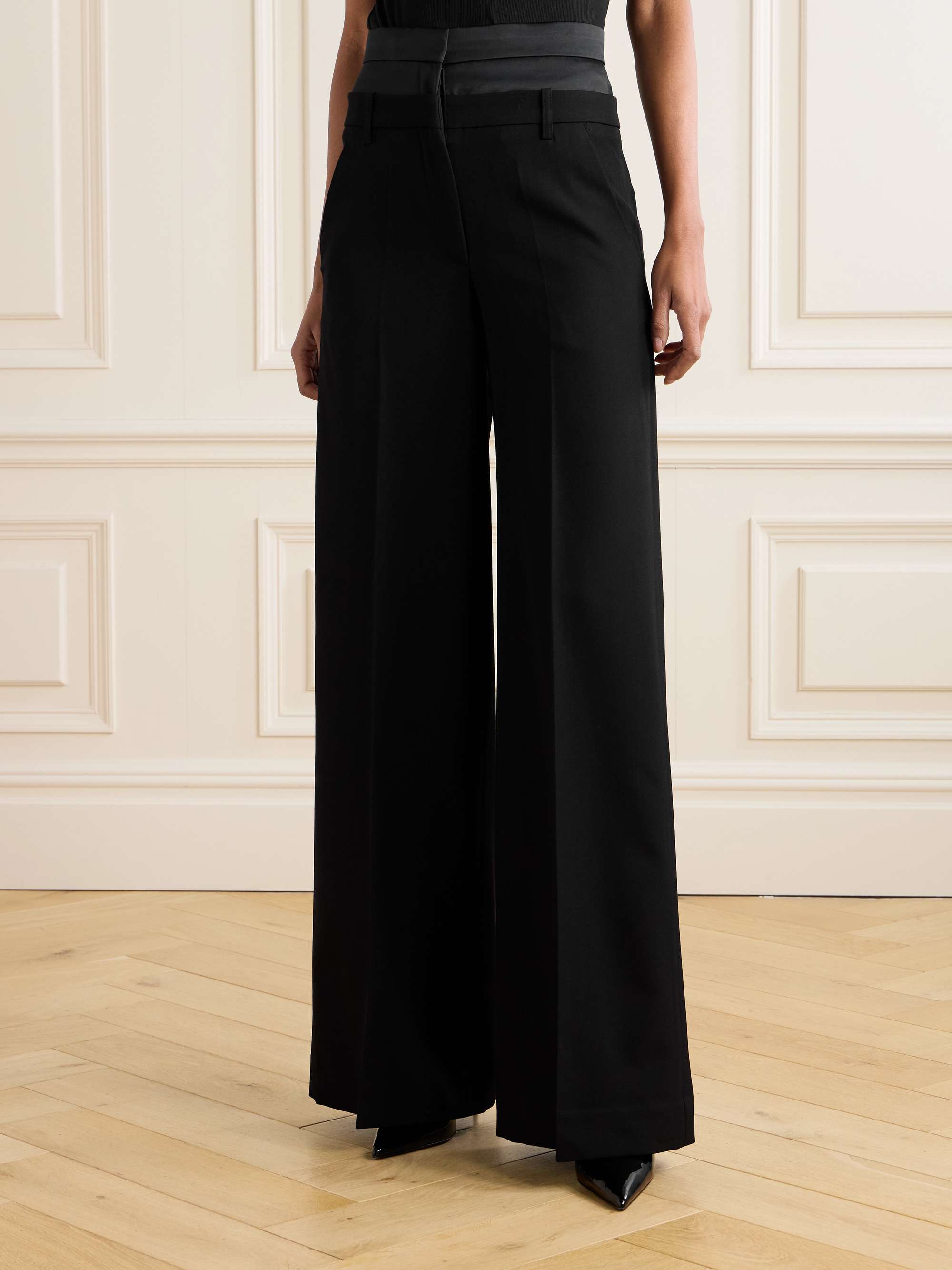 Satin-trimmed grain de poudre wool wide-leg pants view