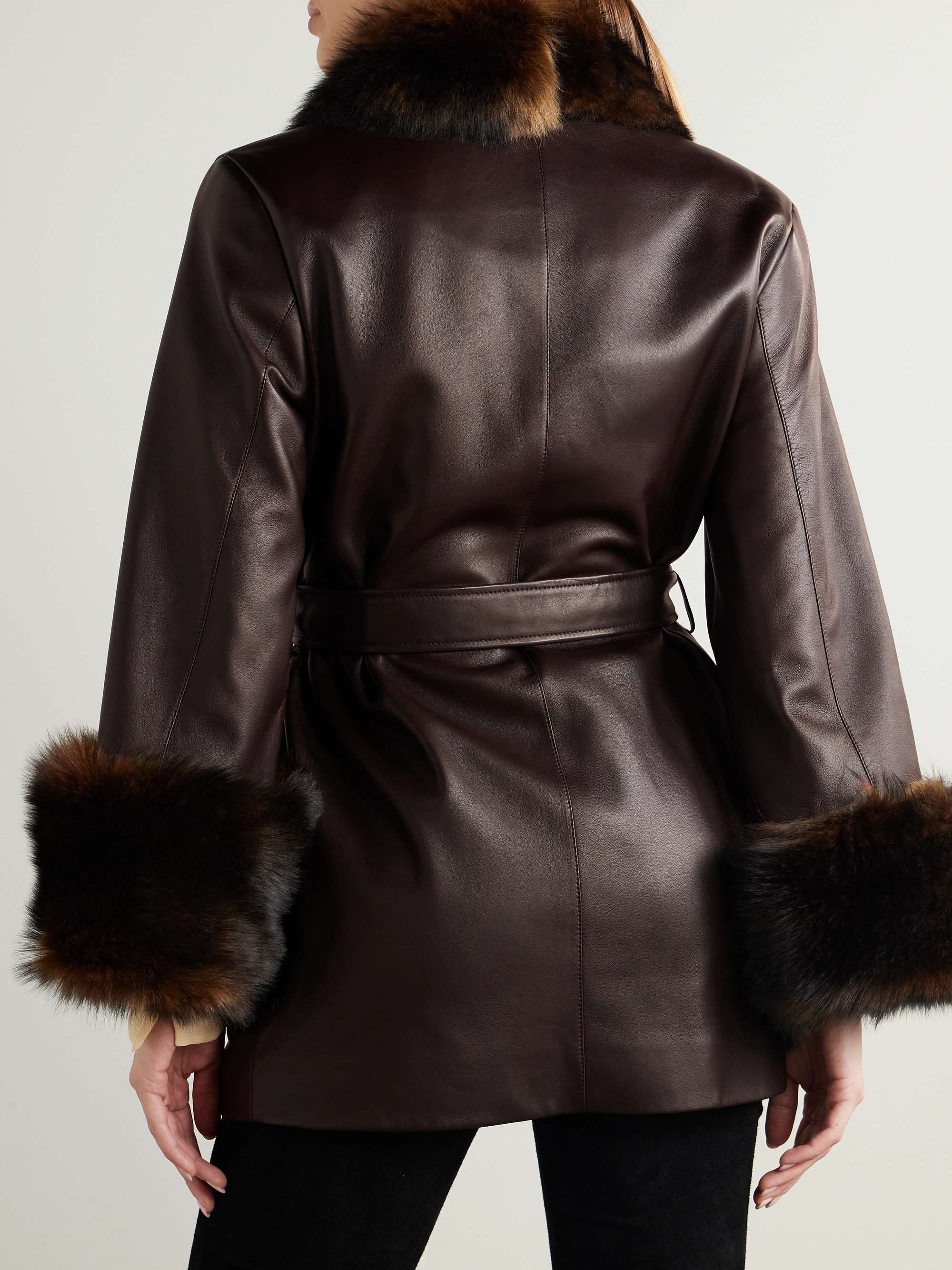 Oversized belted shearling-trimmed leather coat view