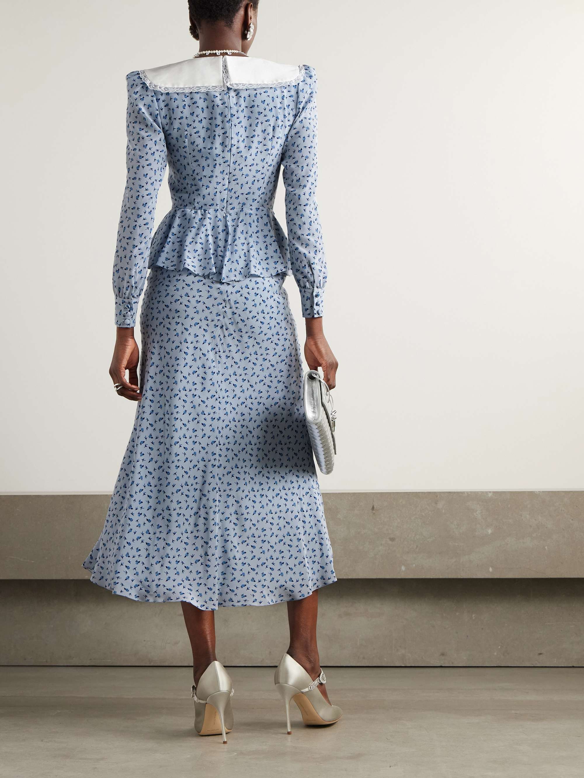 Envers lace and mikado-trimmed floral-print crepe de chine peplum midi dress view