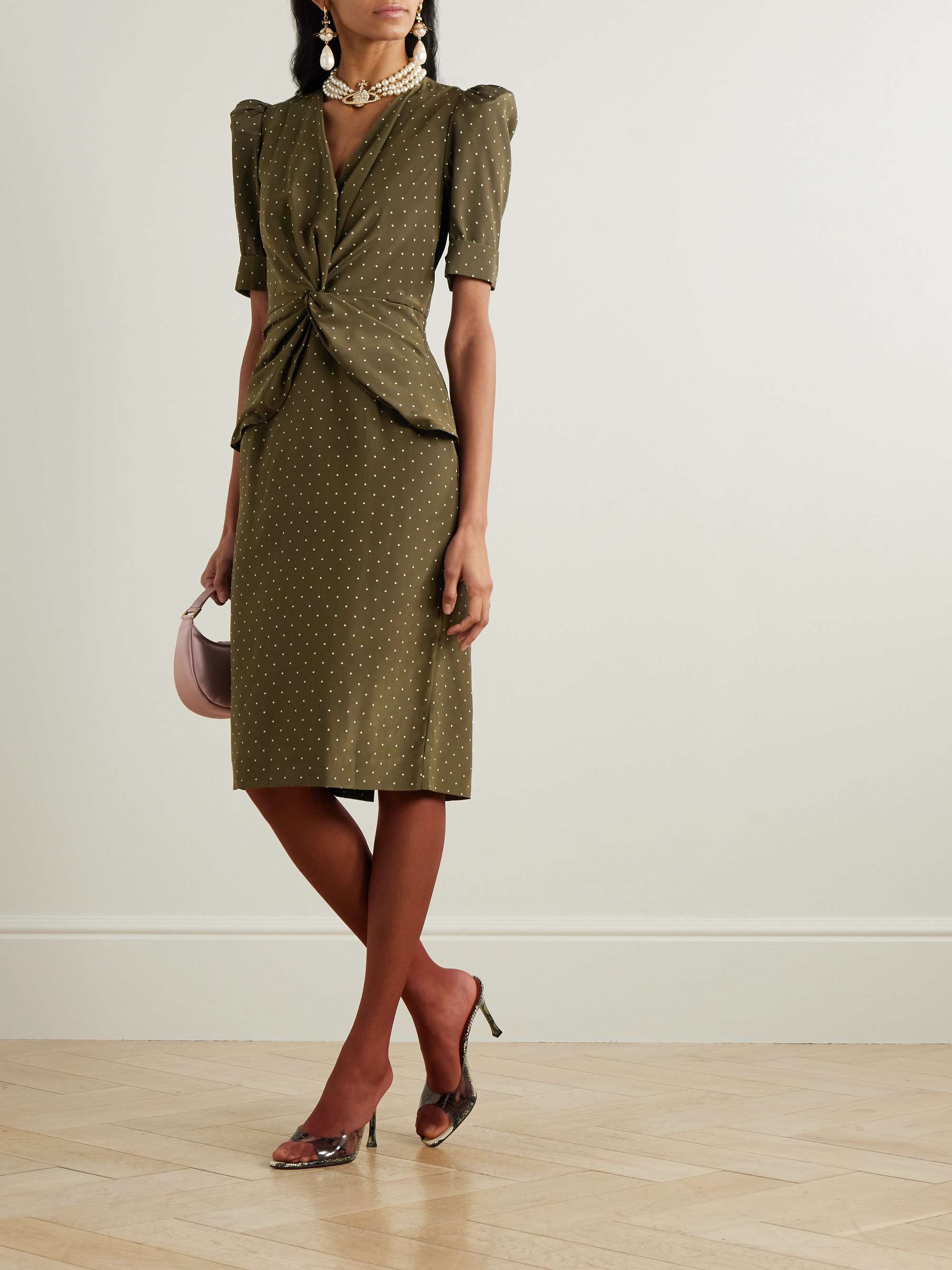 Twist-front gathered polka-dot silk midi dress view