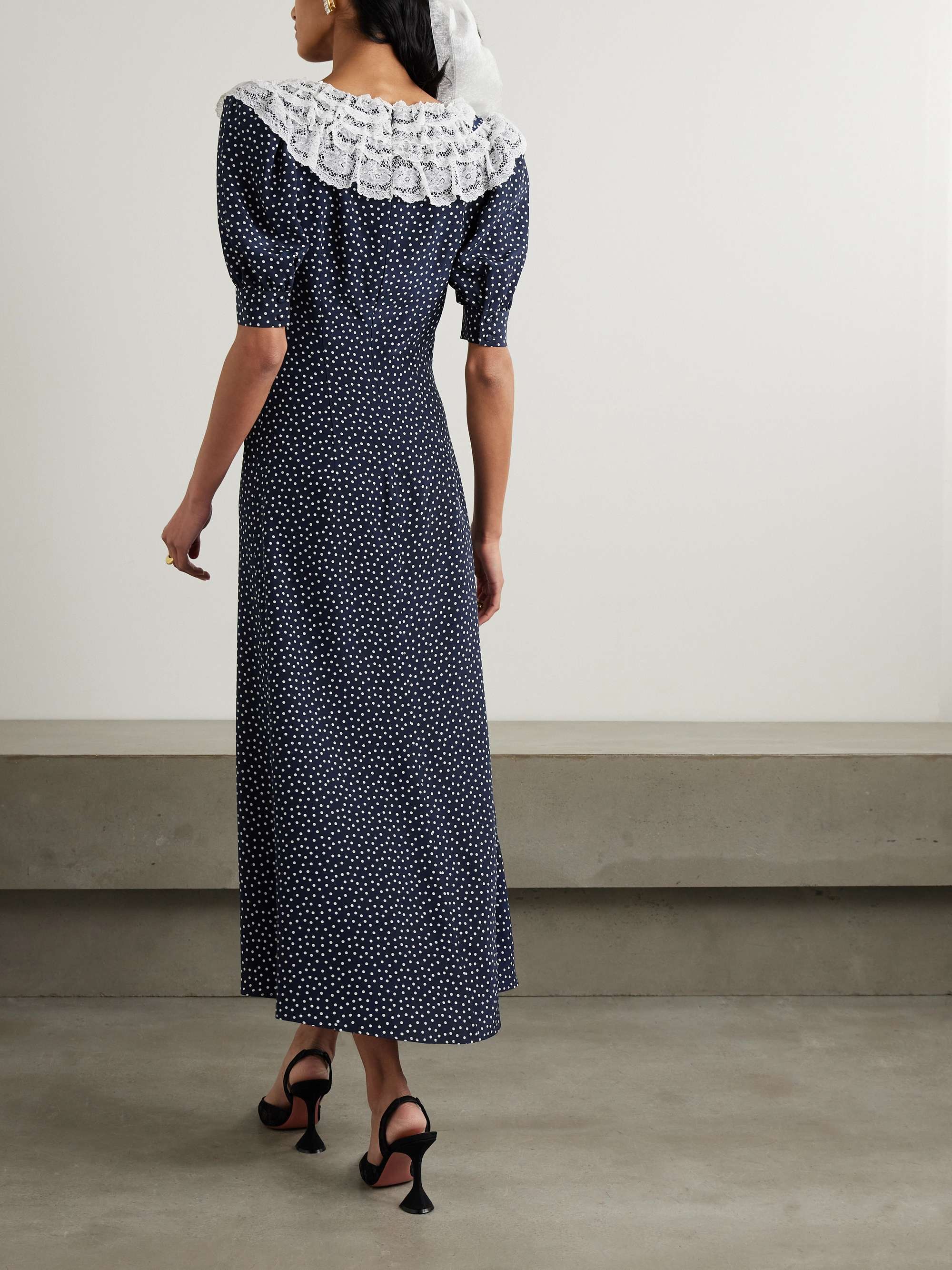 Lace-trimmed polka-dot silk crepe de chine midi dress view
