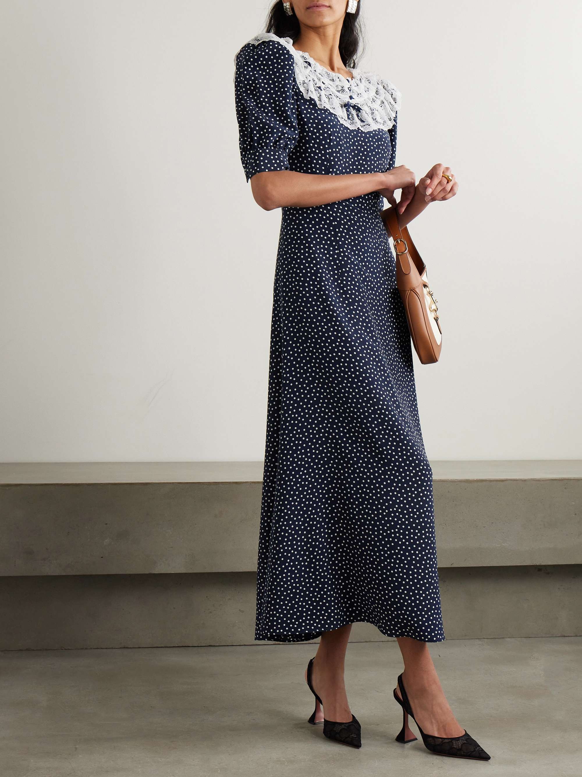 Lace-trimmed polka-dot silk crepe de chine midi dress view