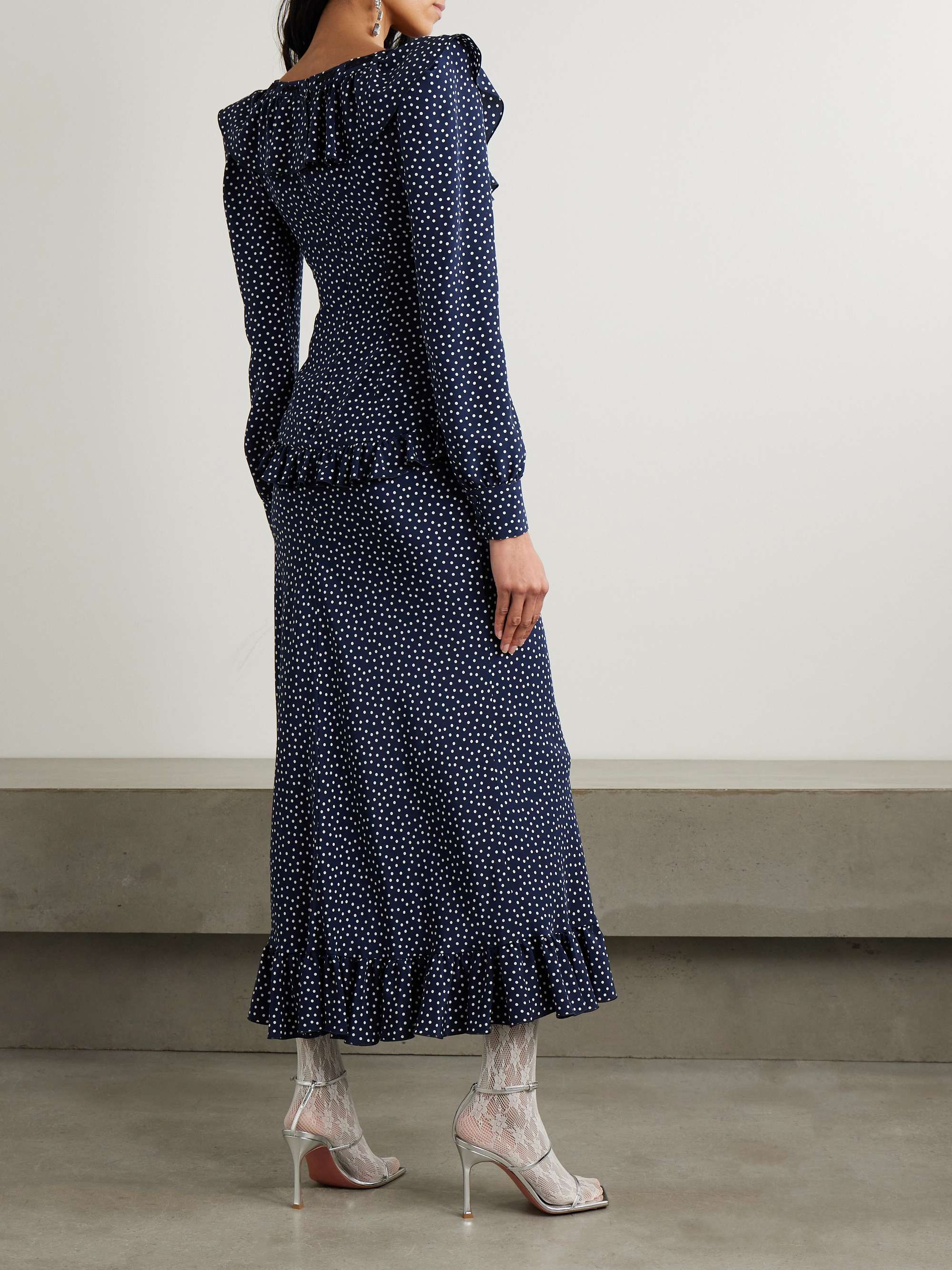Ruffled polka-dot silk crepe de chine midi dress view