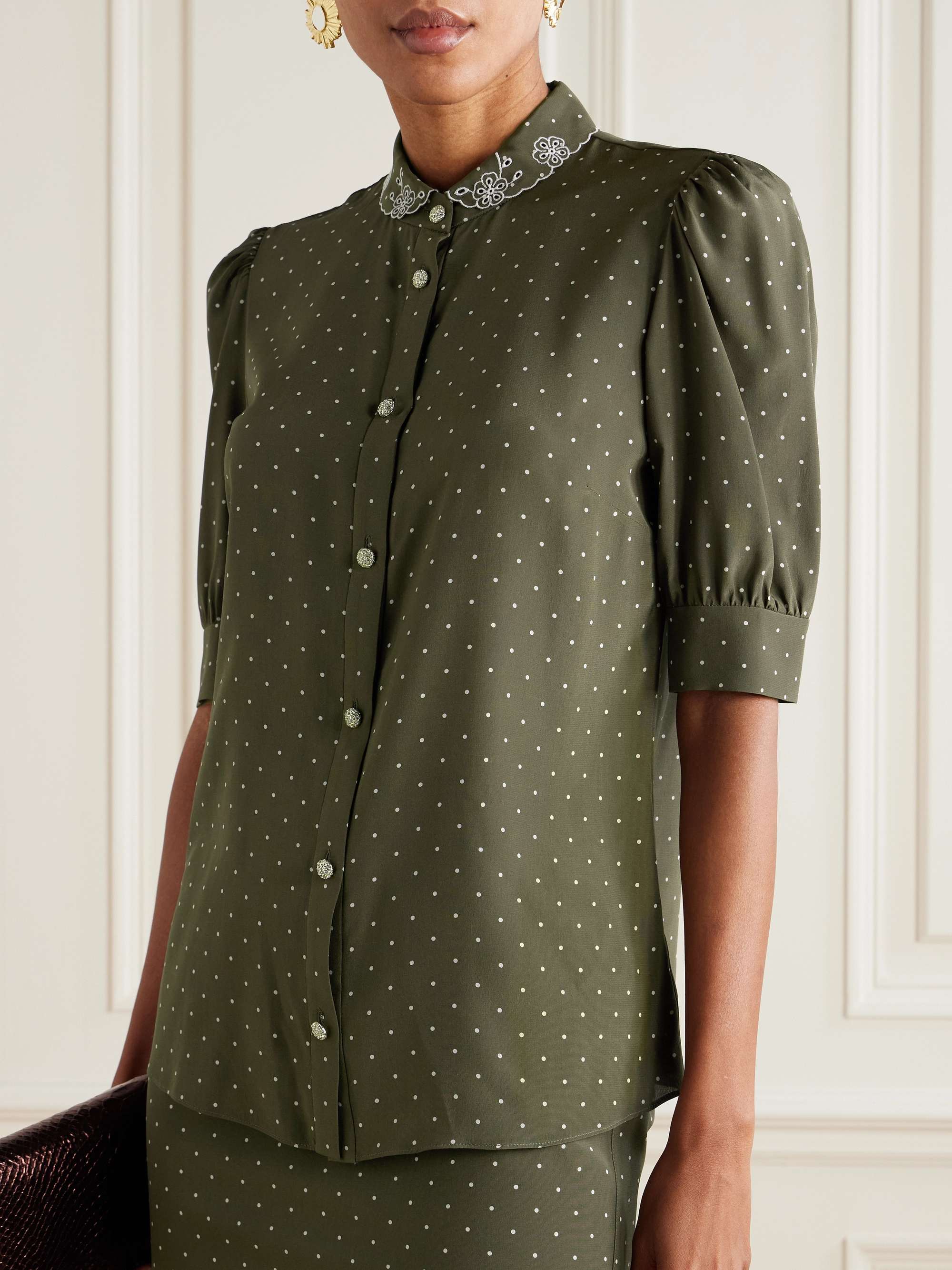 Embroidered polka-dot silk-crepe blouse view