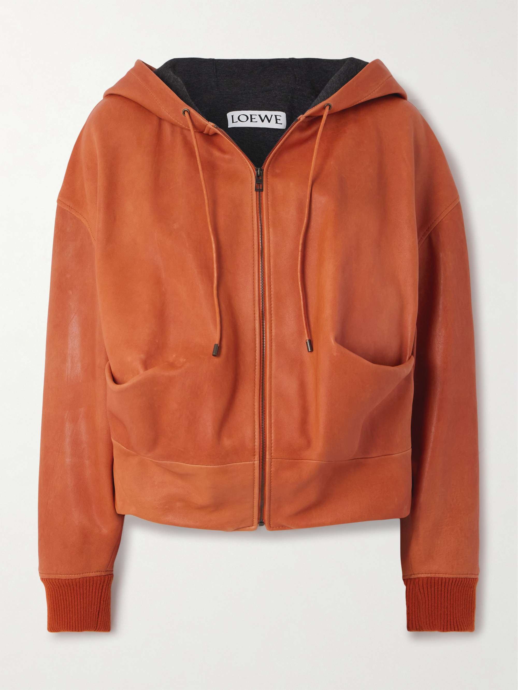 Hooded draped leather jacket view