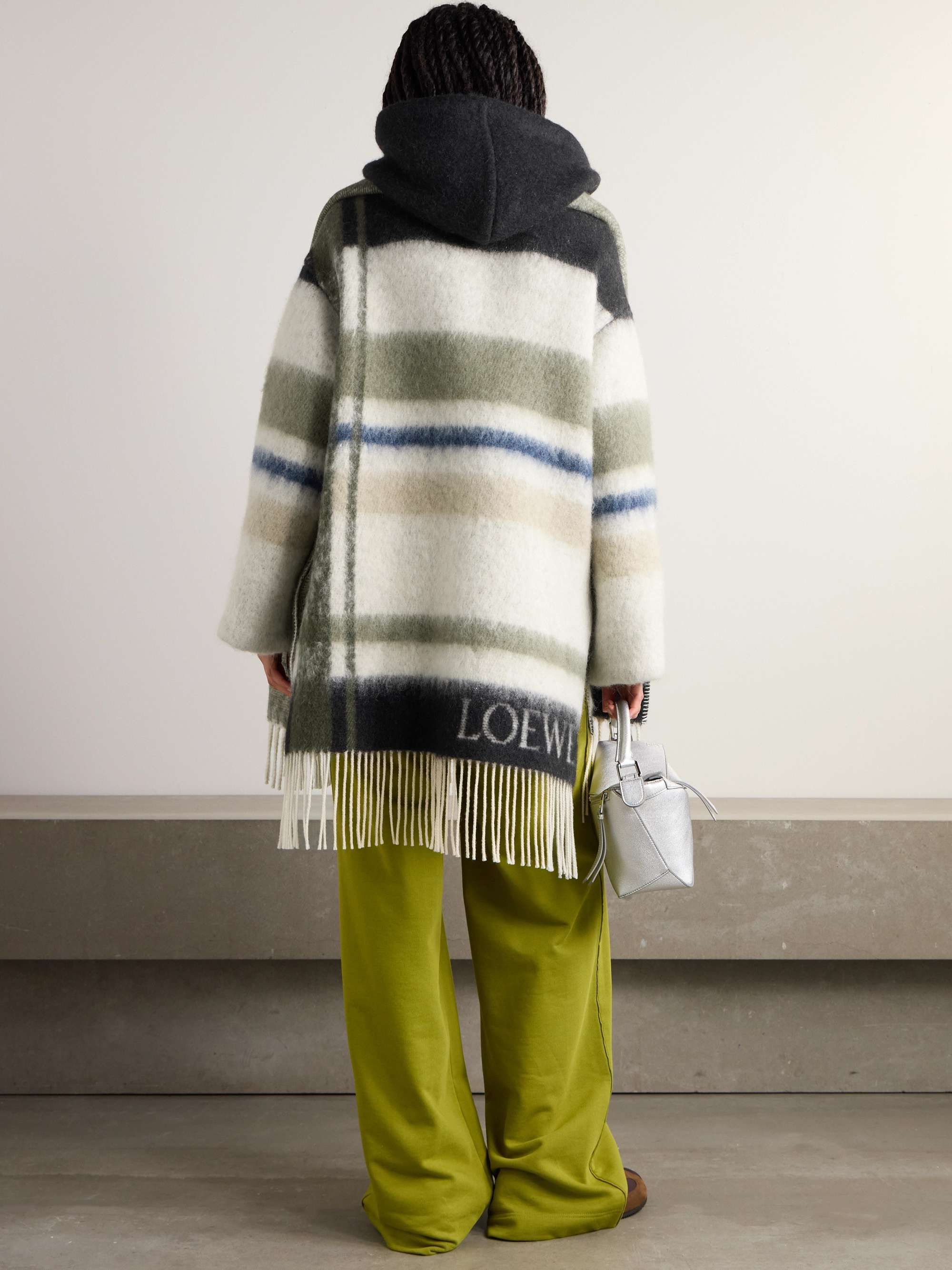 Hooded fringed scarf-detailed striped wool-blend coat view