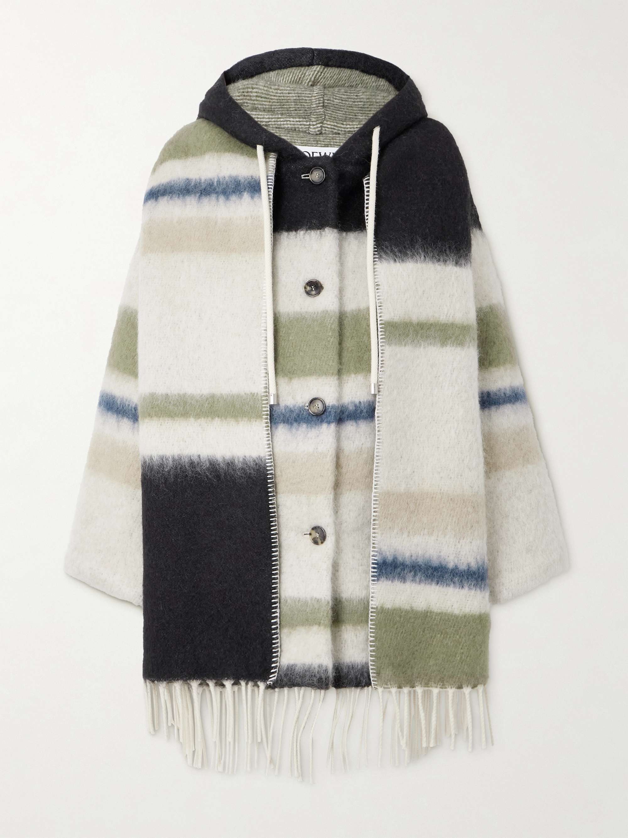 Hooded fringed scarf-detailed striped wool-blend coat view