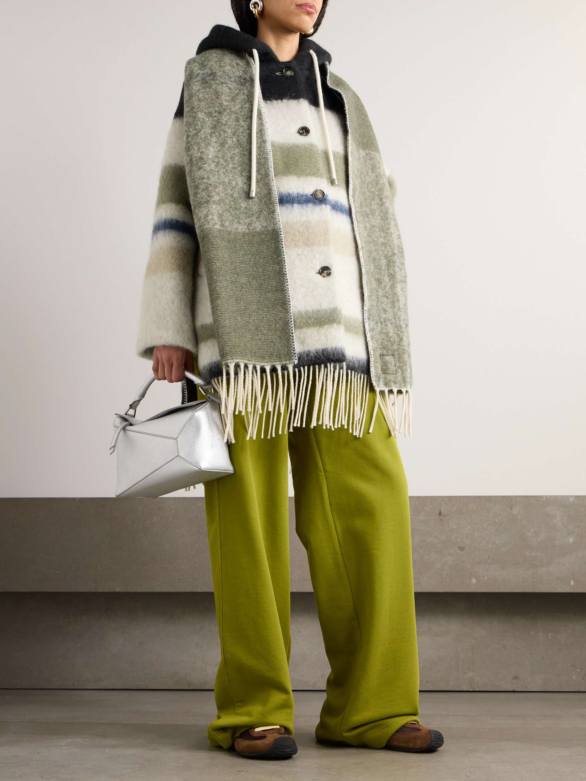 Hooded fringed scarf-detailed striped wool-blend coat view