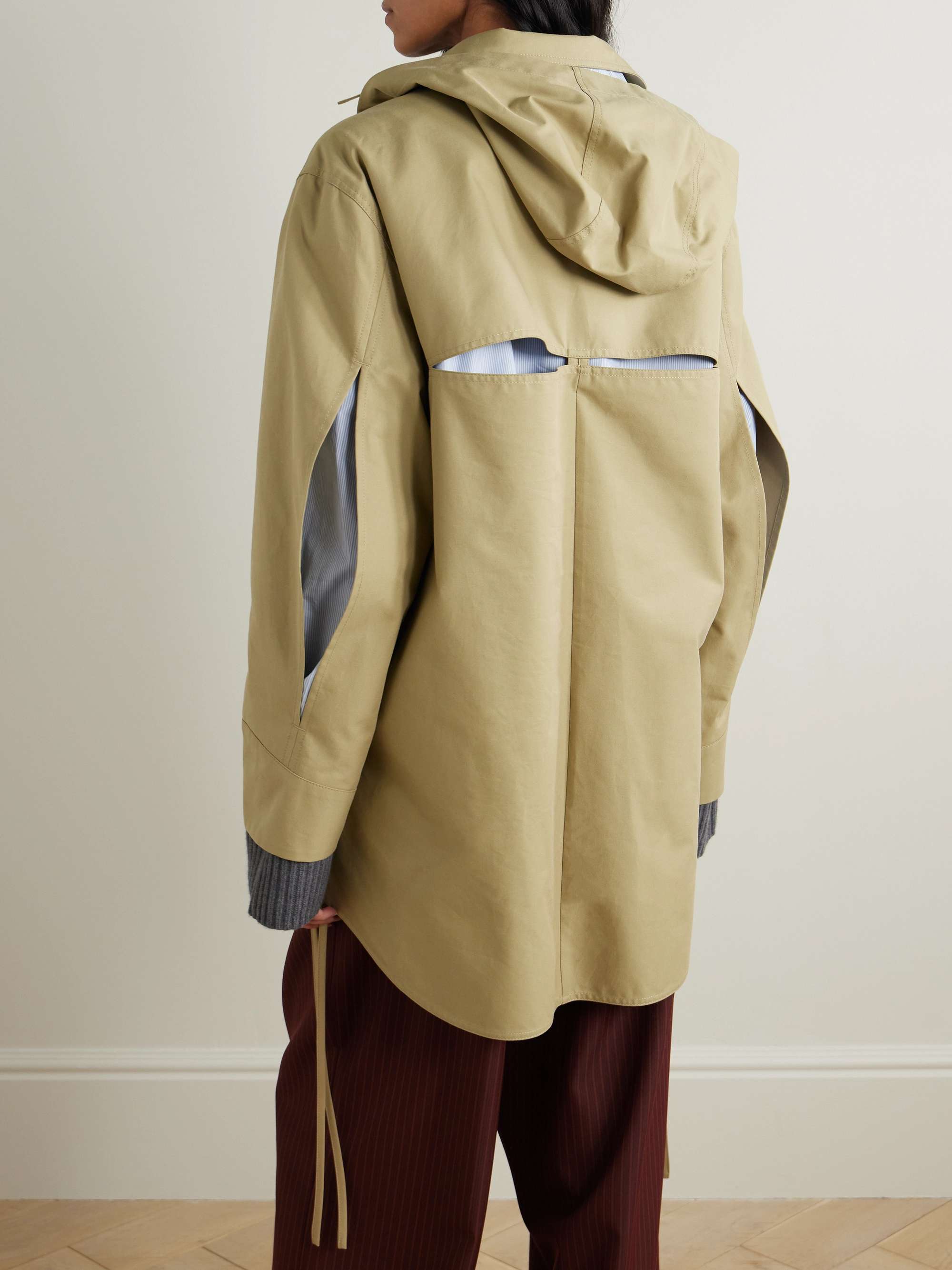 Anagram hooded cutout leather and poplin-trimmed cotton-gabardine jacket view