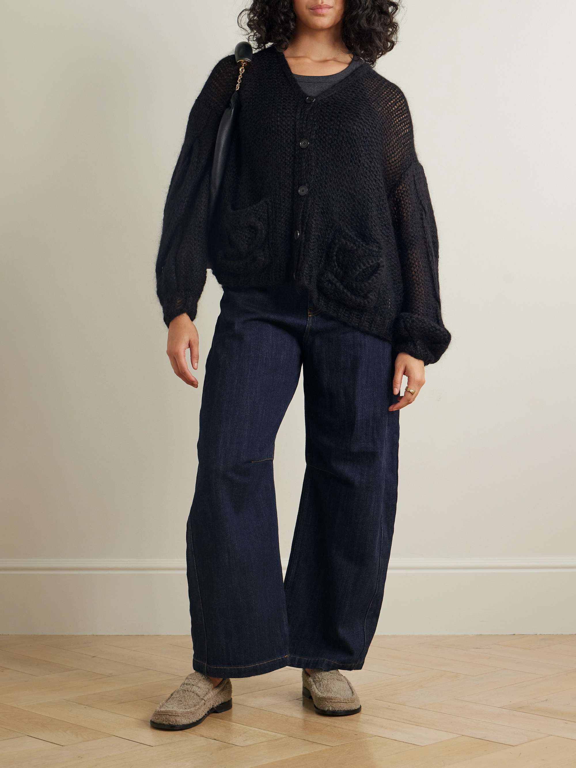 Anagram embroidered open-knit mohair-blend cardigan view