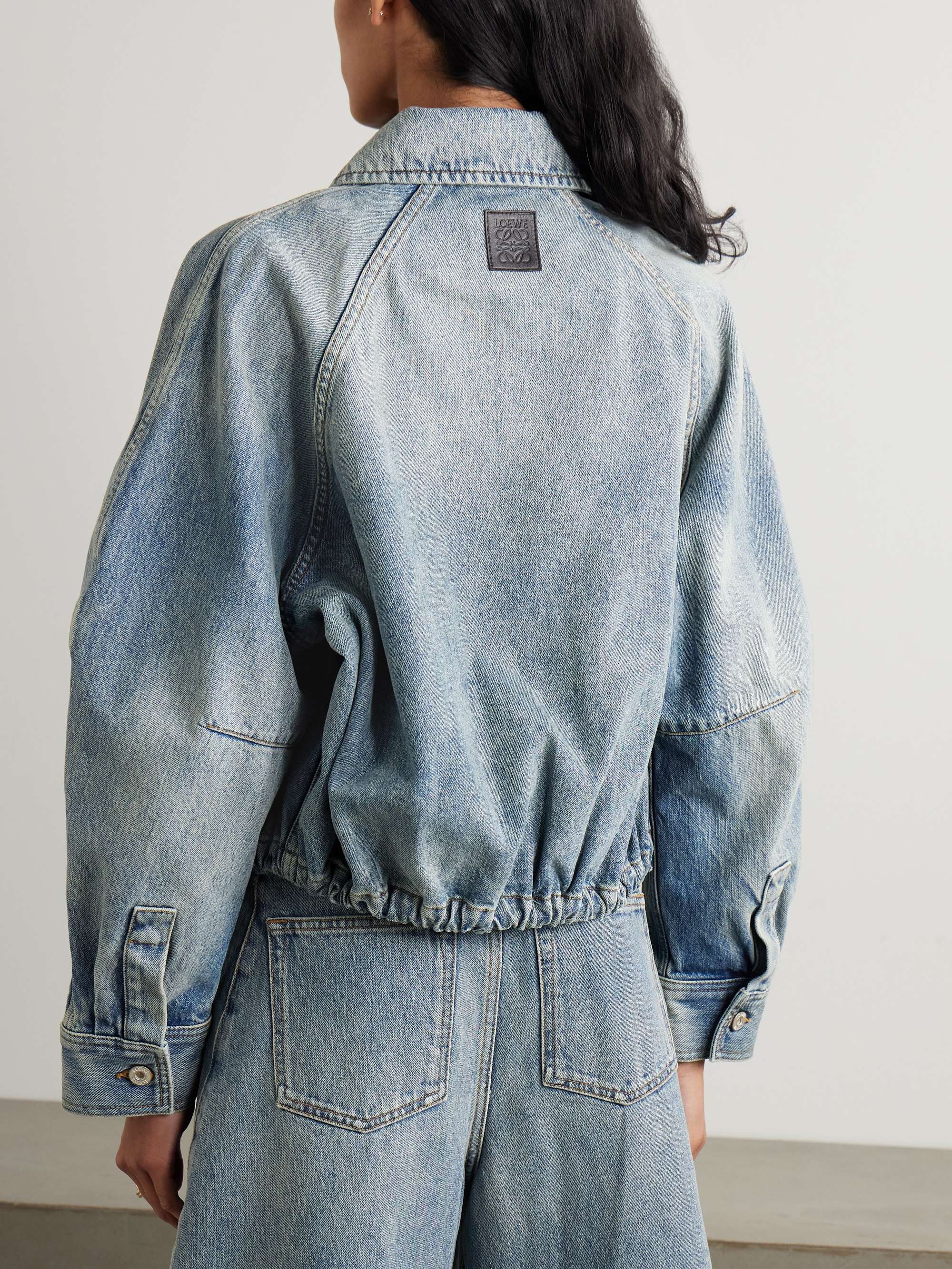 Leather-trimmed denim bomber jacket view