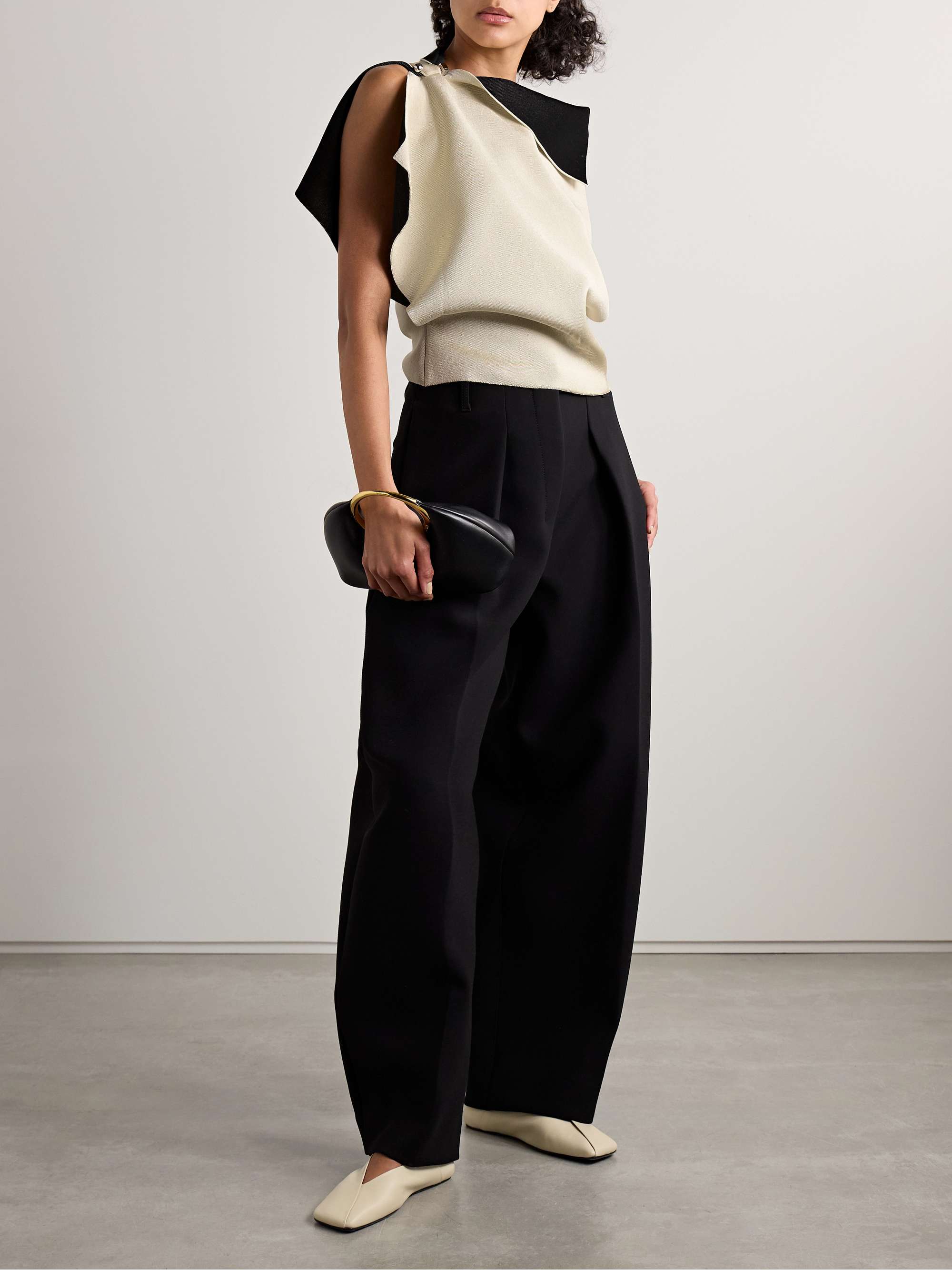 Trapèze asymmetric draped embellished knitted top view