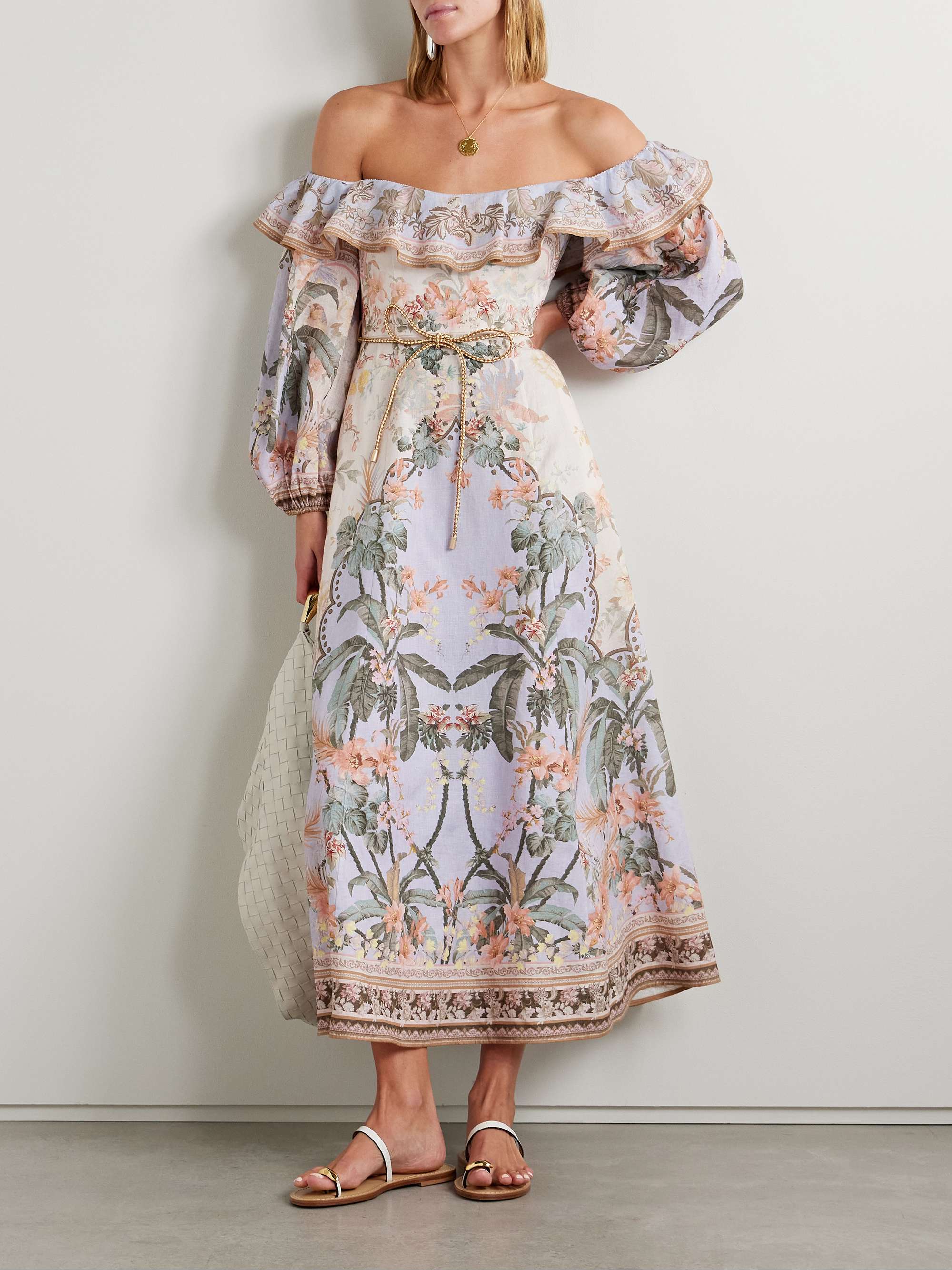 Wylie off-the-shoulder belted floral-print linen midi dress view