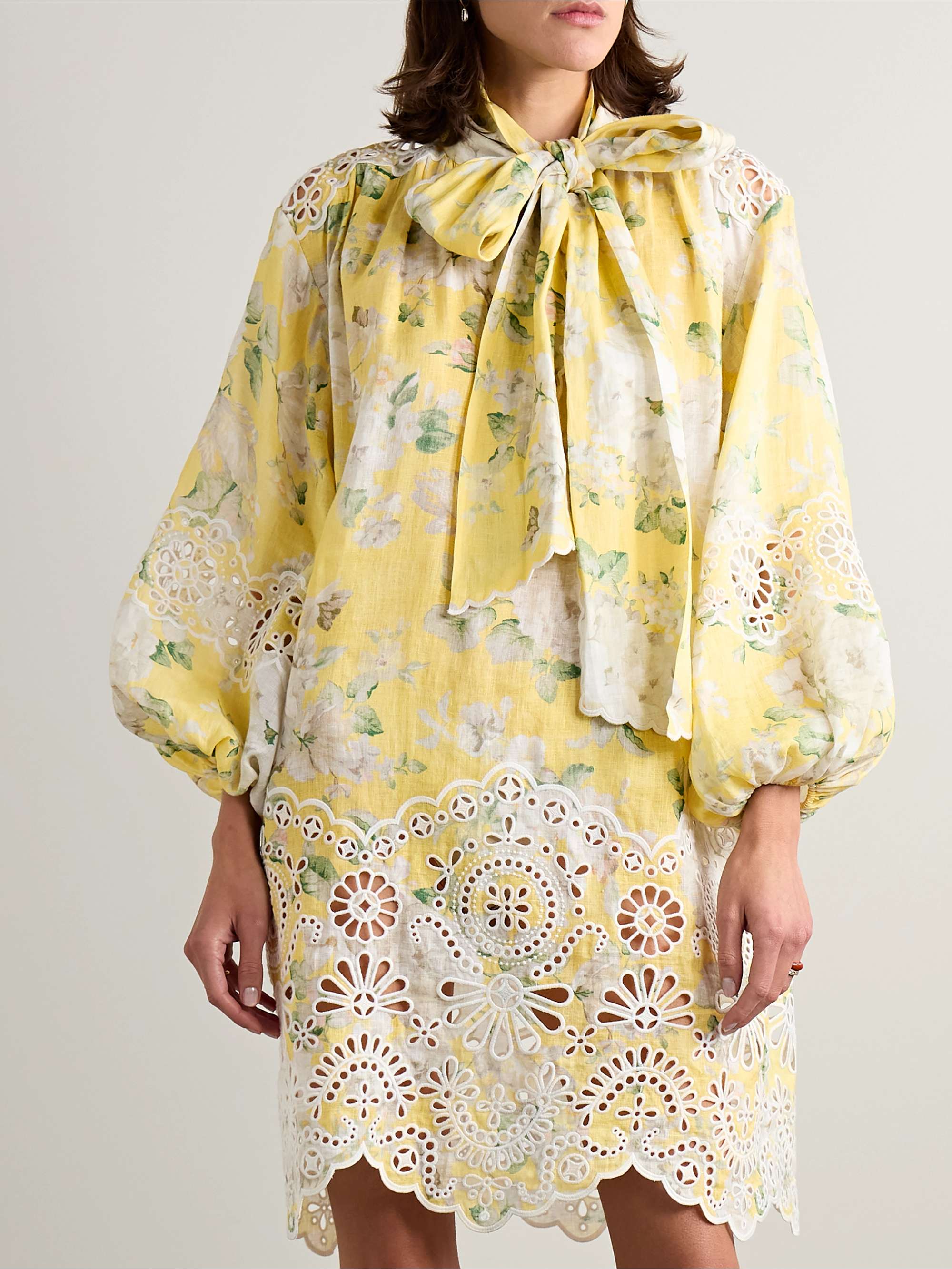 Acacia tie-neck broderie anglaise-trimmed floral-print linen mini dress view