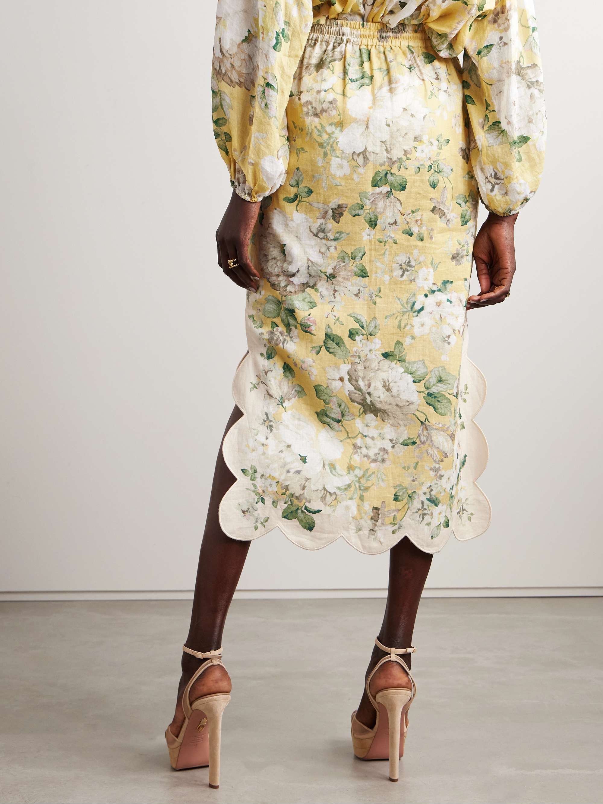 Acacia scalloped floral-print linen midi skirt view