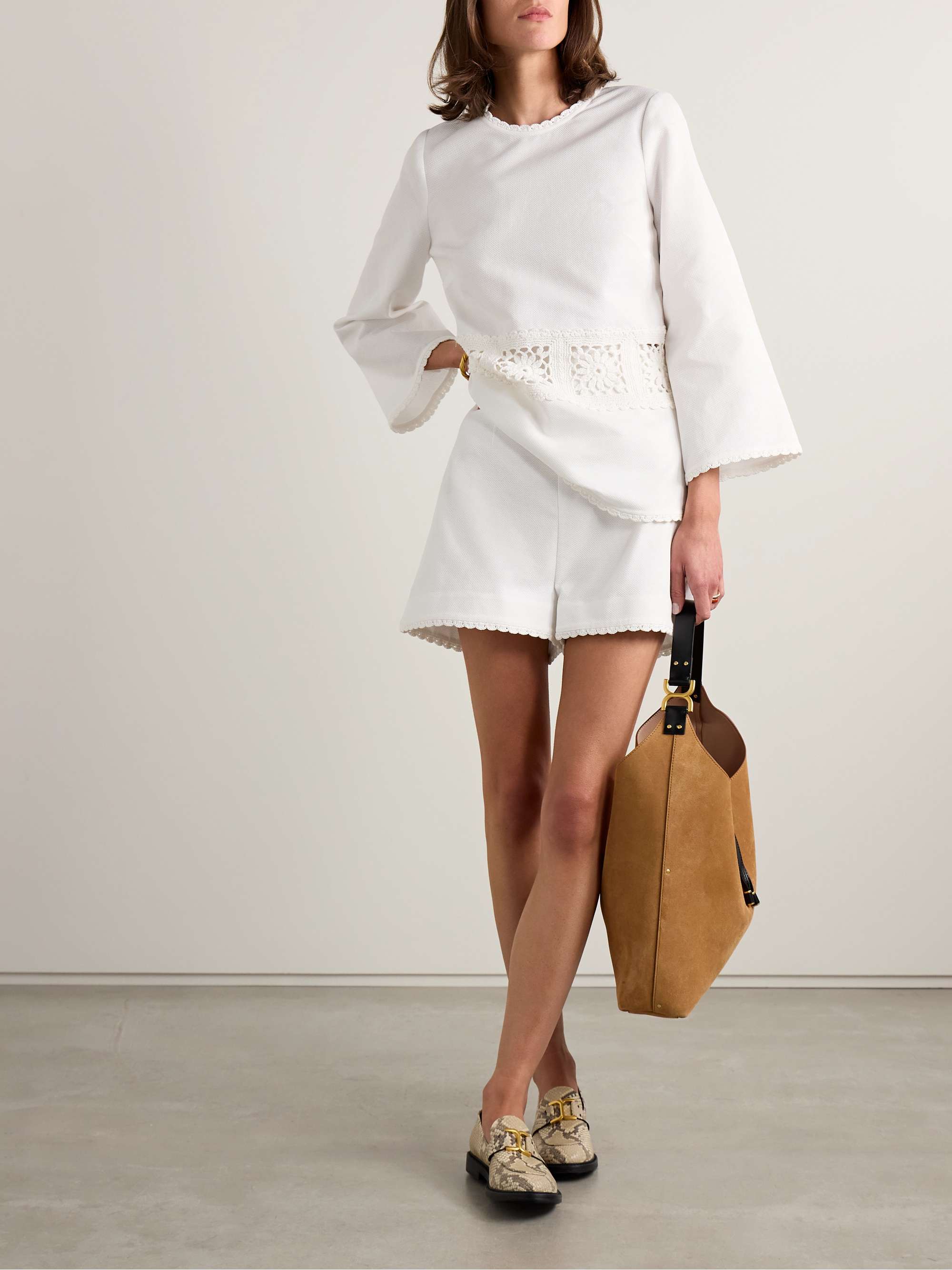 Maxine crochet-trimmed textured-cotton shorts view