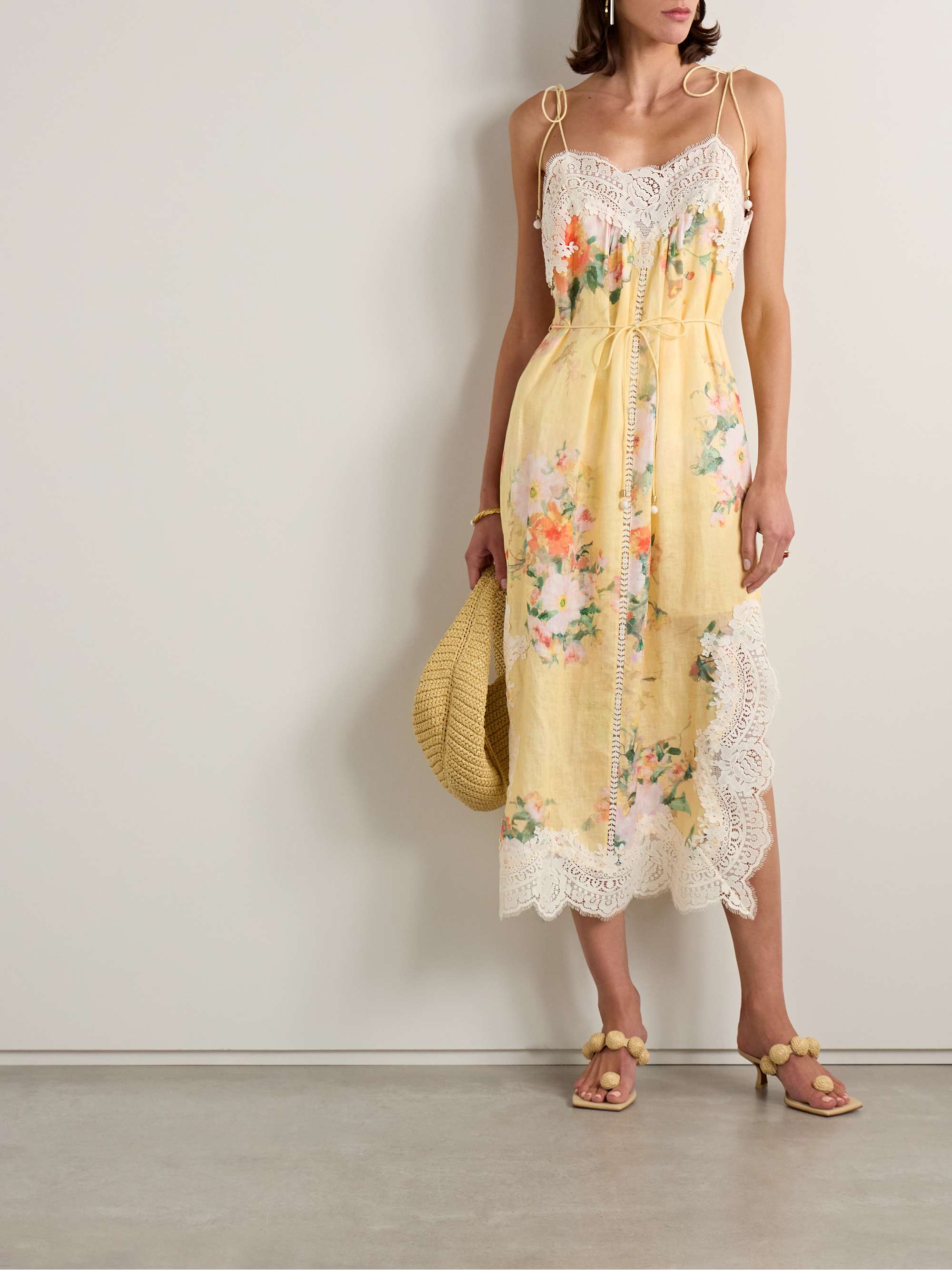 Everley belted lace-trimmed floral-print linen midi dress view