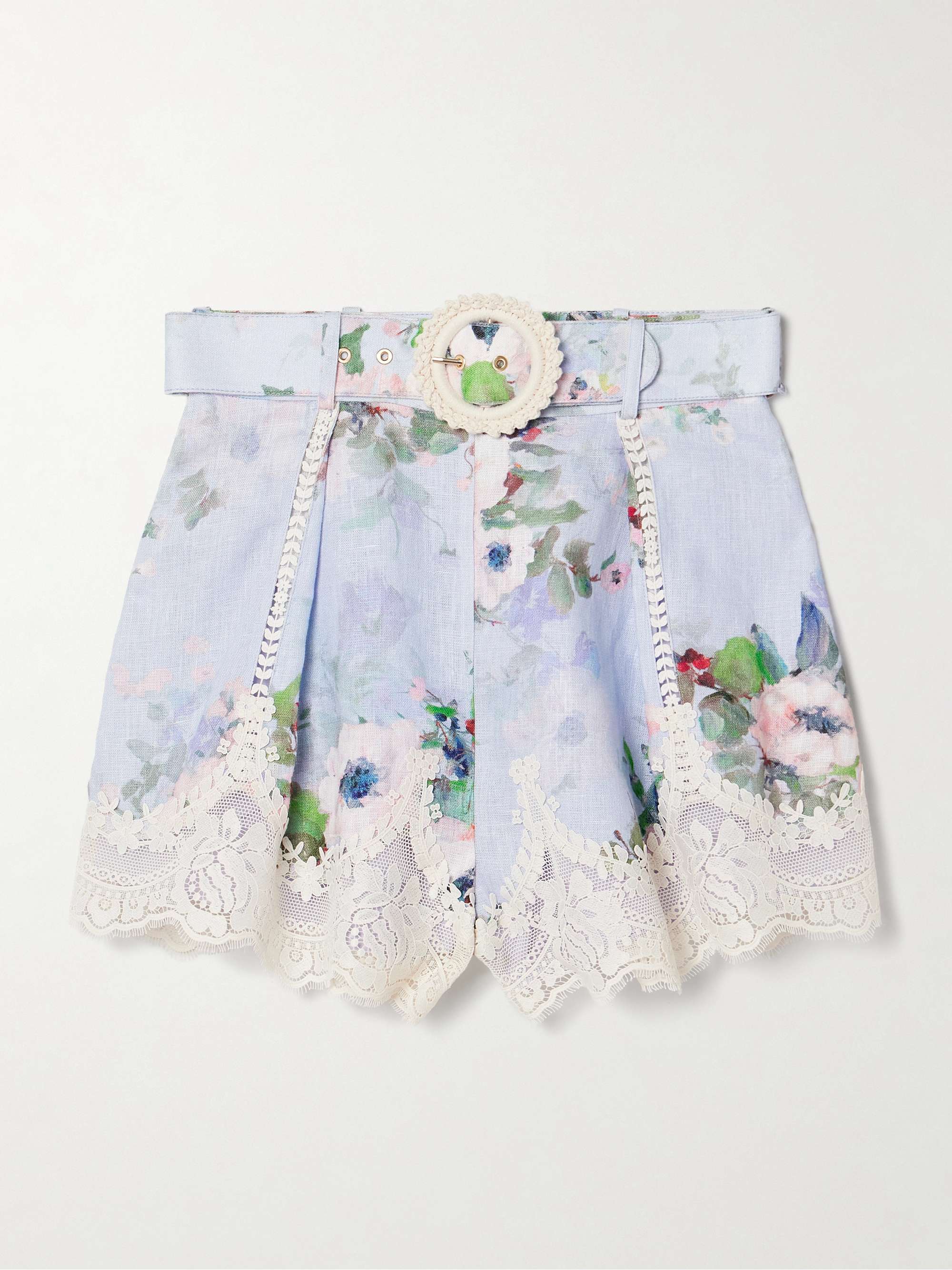 Everley belted pleated lace-trimmed floral-print linen shorts view