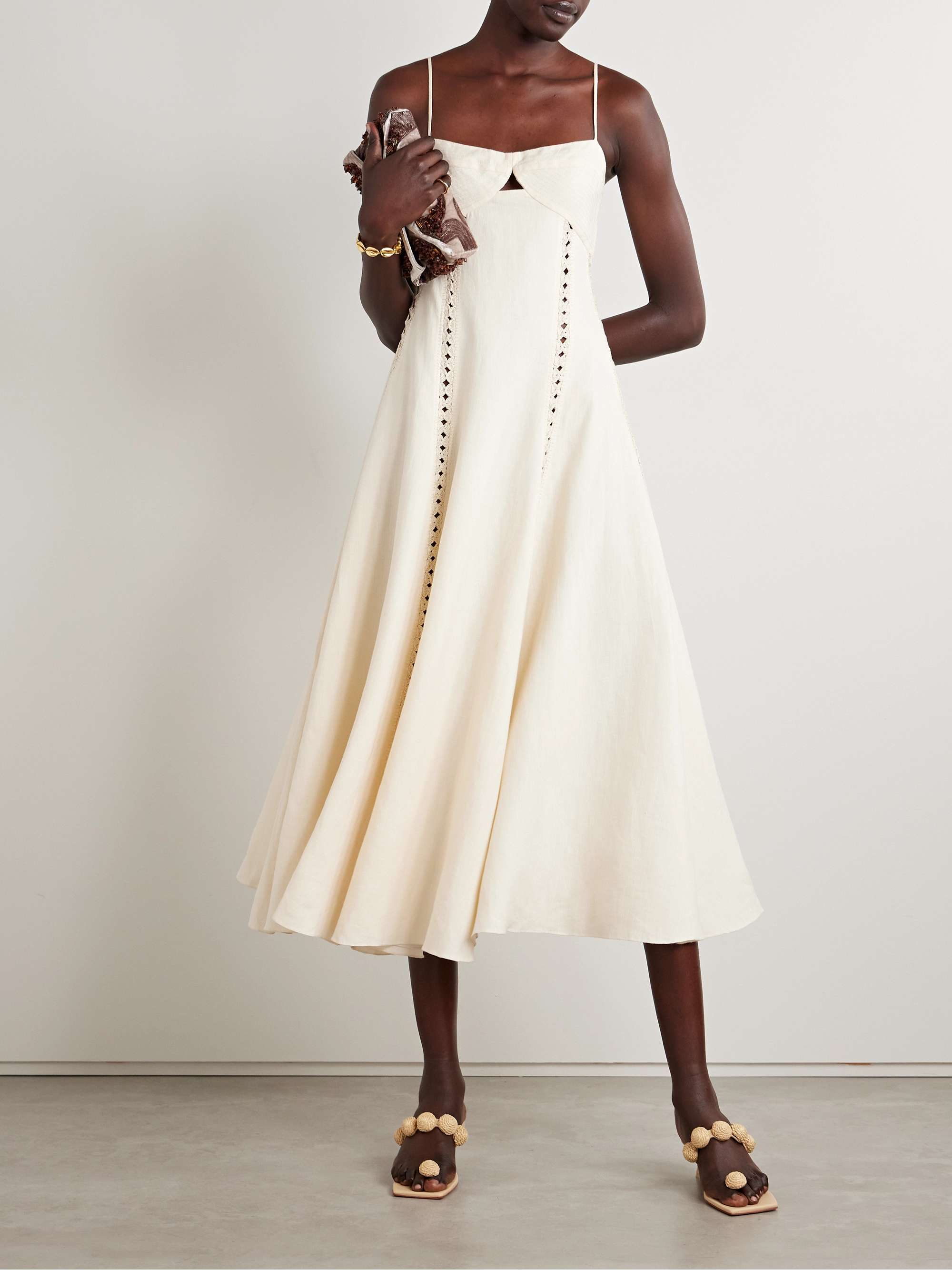 Catamaran Ventures crochet-trimmed embroidered linen midi dress view