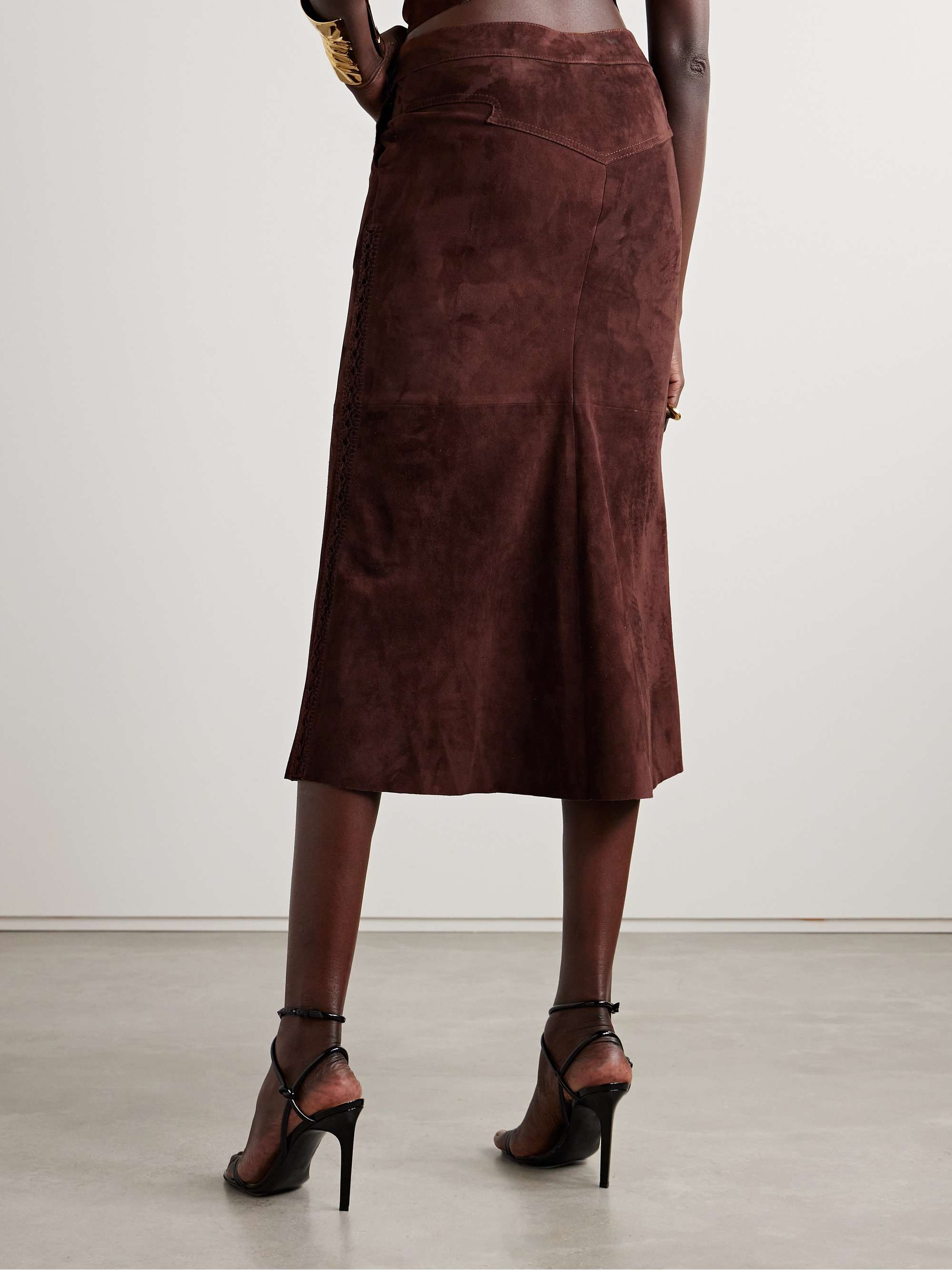 El Buque crochet-trimmed suede midi skirt view