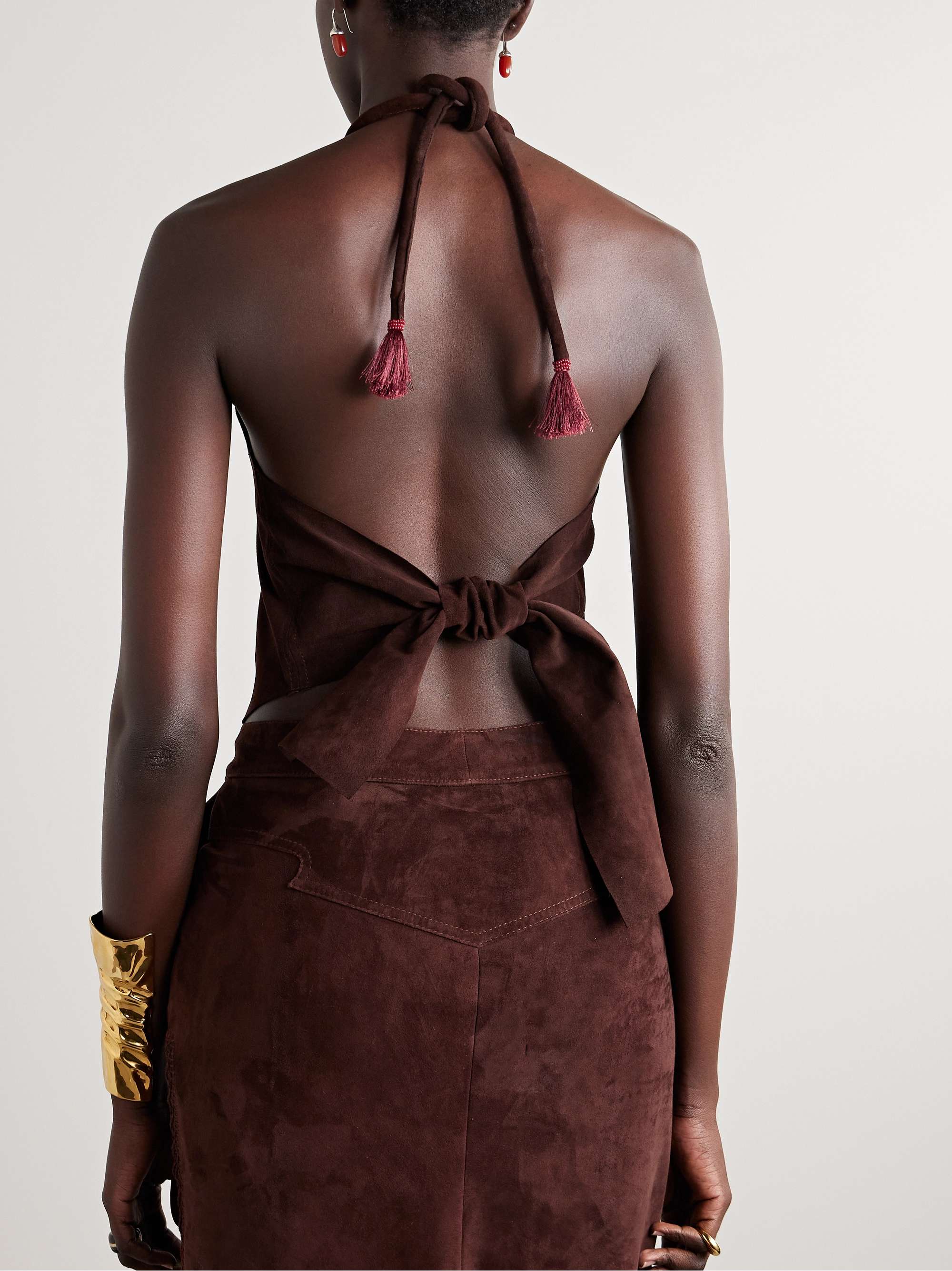 Kell cropped tasseled suede halterneck top view